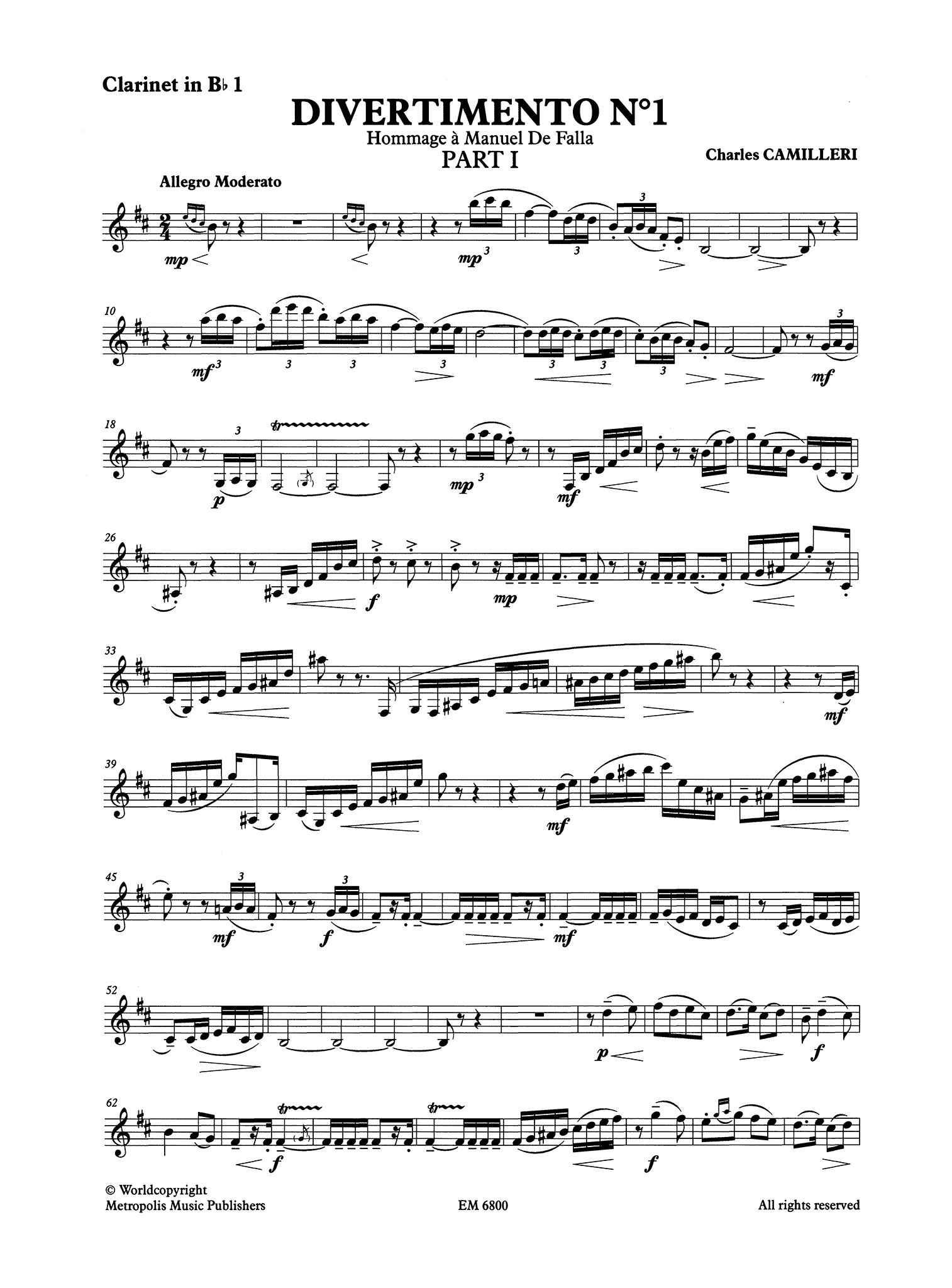 Camilleri Divertimento No. 1 first clarinet part