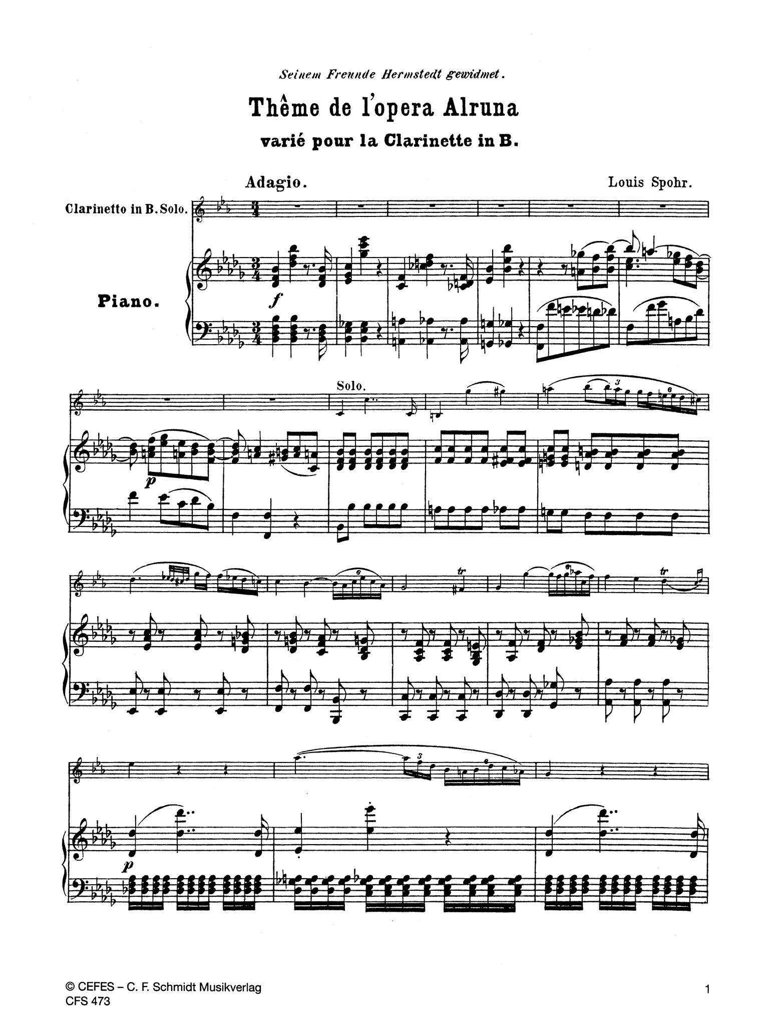 Spohr Variations on a Theme from 'Alruna,' WoO 15 clarinet and piano score