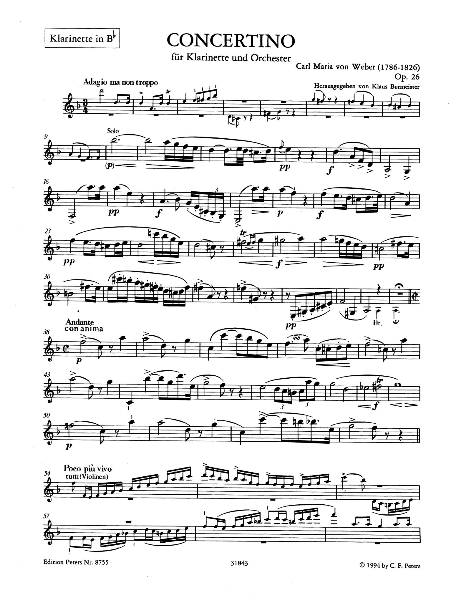 Concertino in E-flat Major, Op. 26, J. 109 Clarinet part