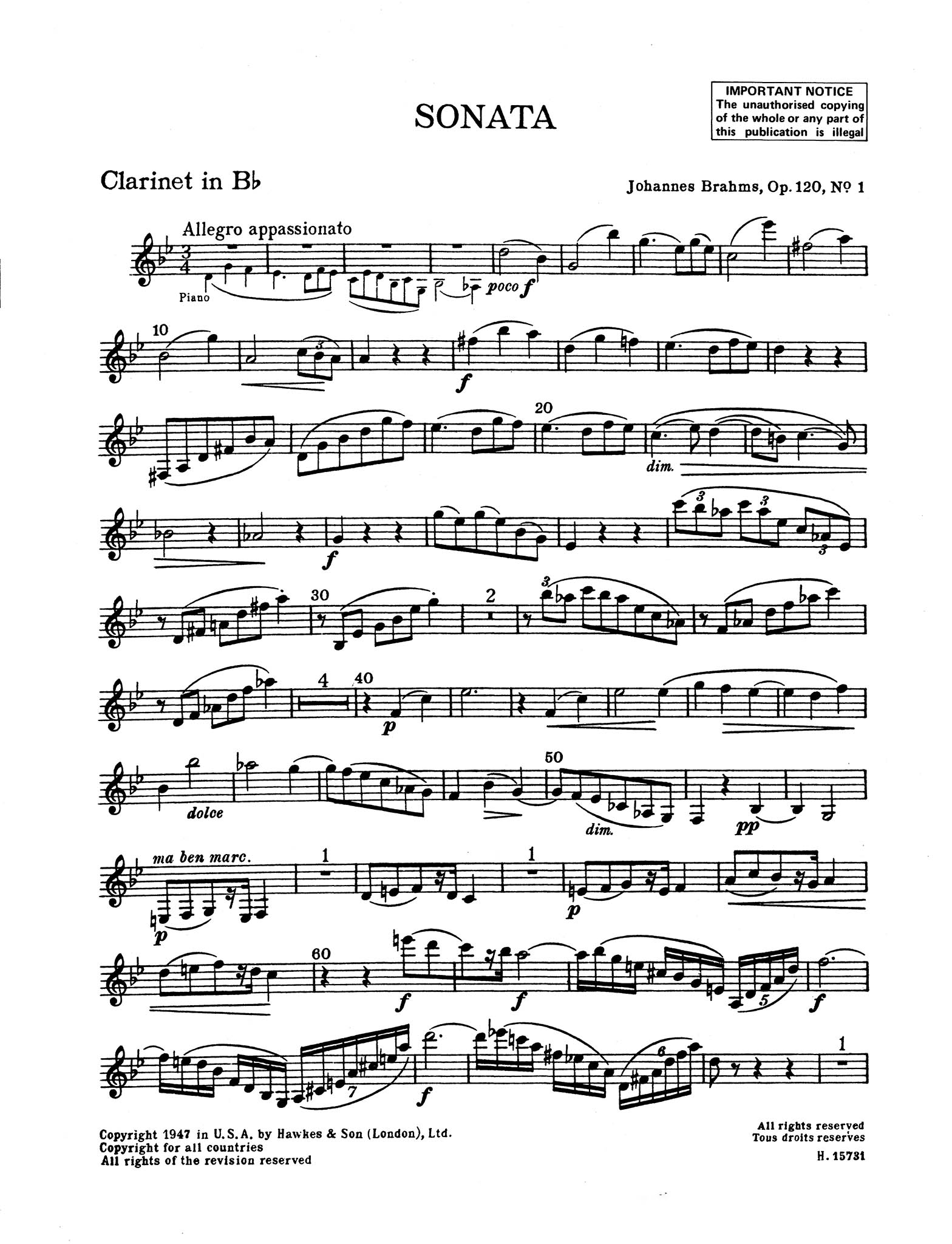 Sonata in F Minor, Op. 120 No. 1 Clarinet Part