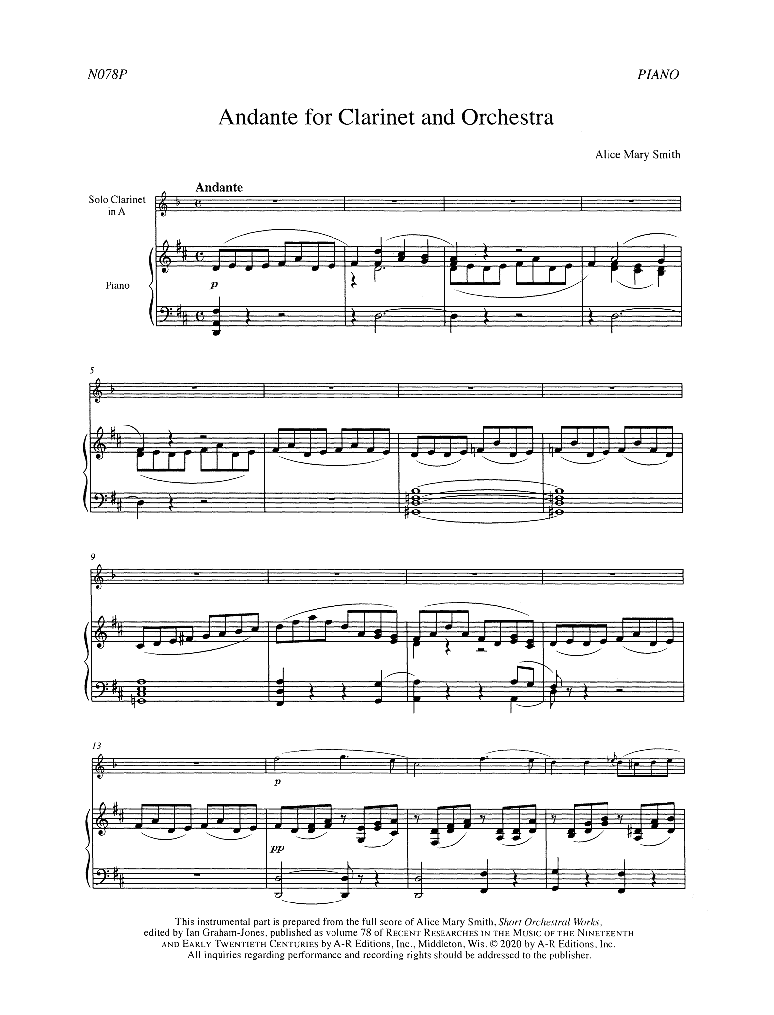 Smith Andante for Clarinet & Orchestra Score