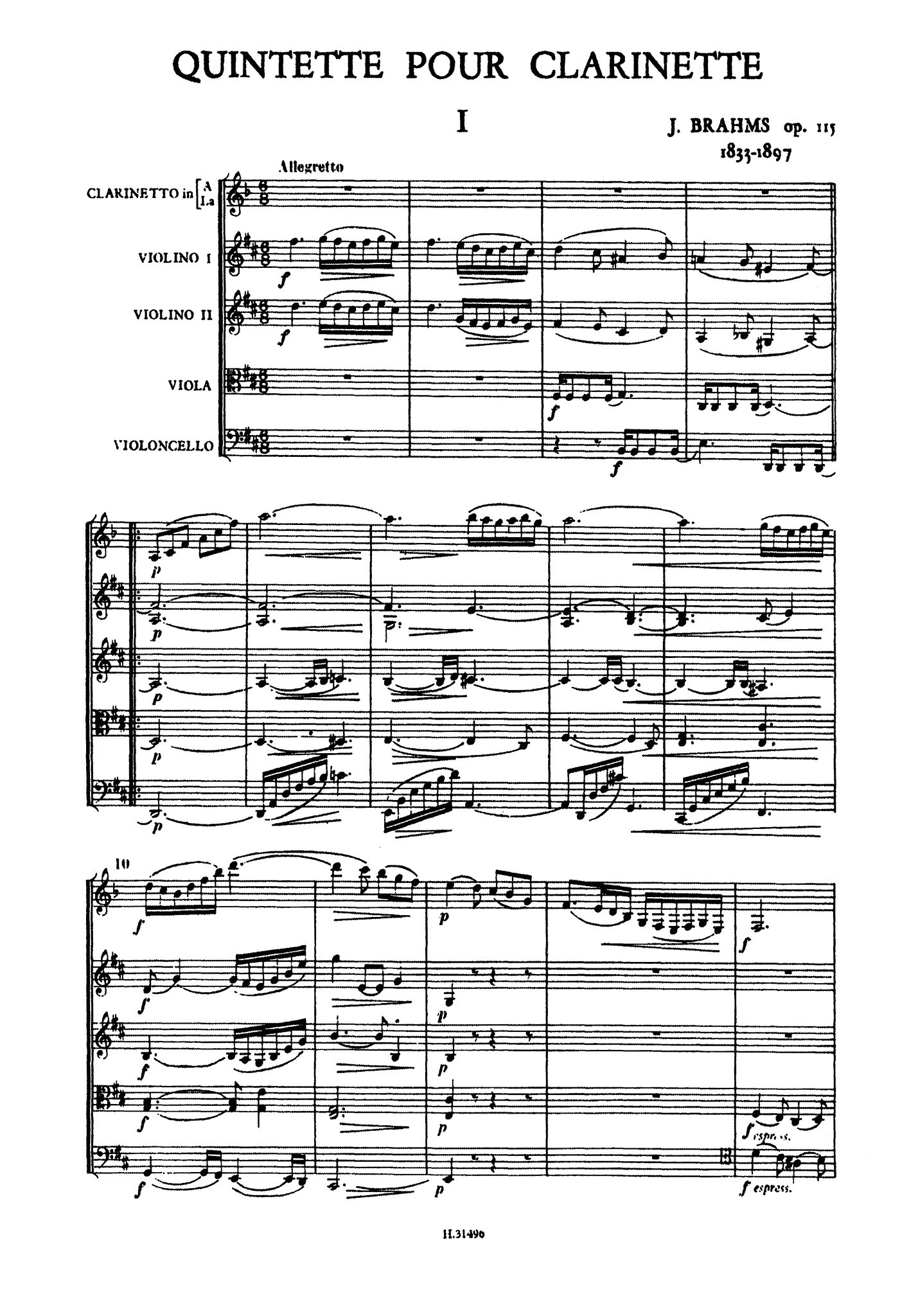 Brahms Clarinet Quintet, Op. 115 pocket score - Movement 1