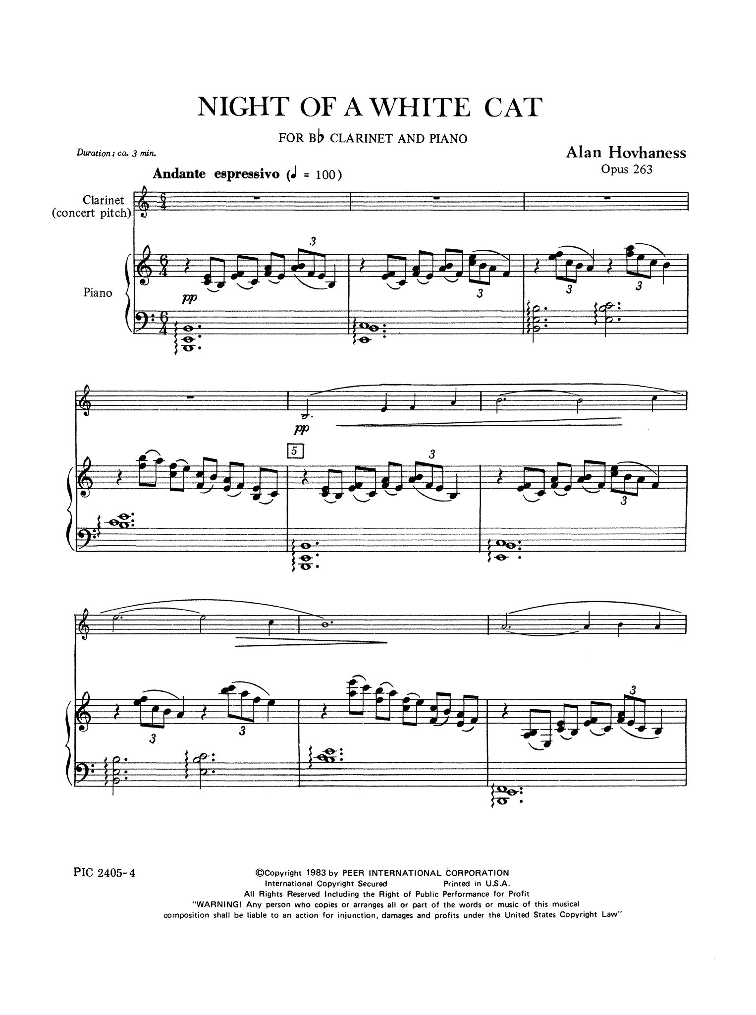 Hovhaness Night of a White Cat, Op. 263 clarinet and piano score