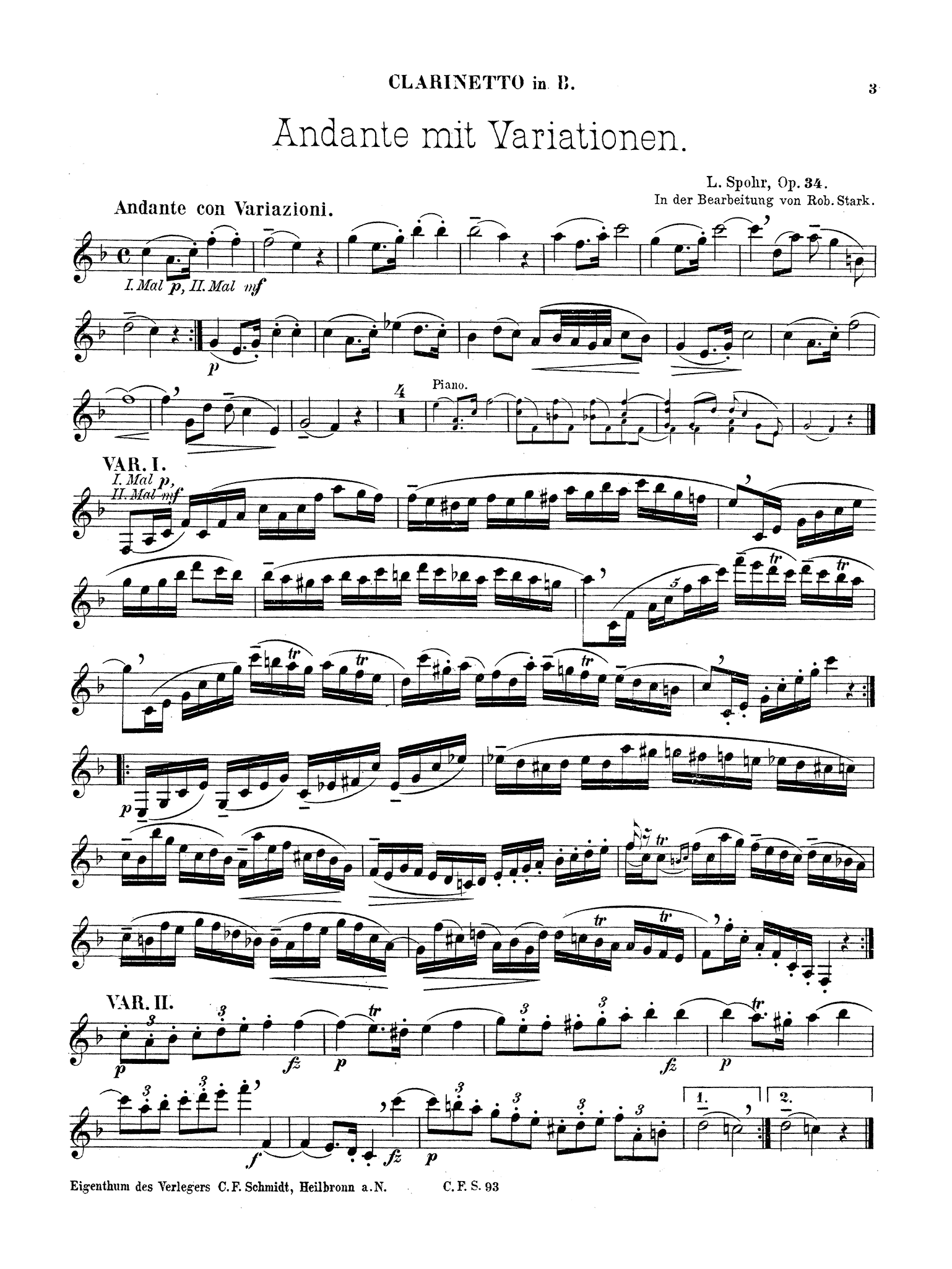 Spohr Andante & Variations (Nocturne), Op. 34 clarinet and string quartet solo part