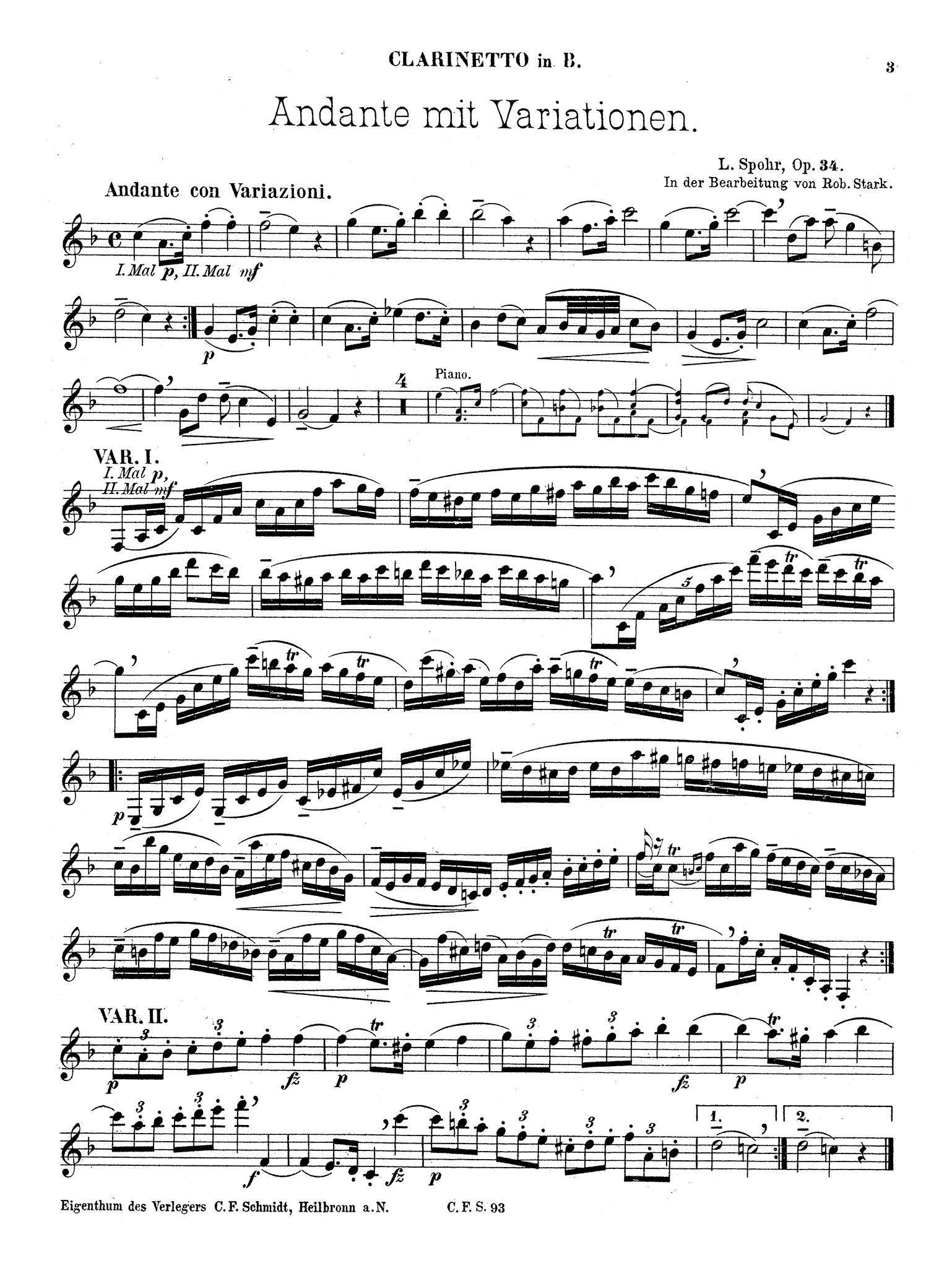 Spohr Andante mit Variationen (Nocturne), Op. 34 clarinet and piano arrangement solo part