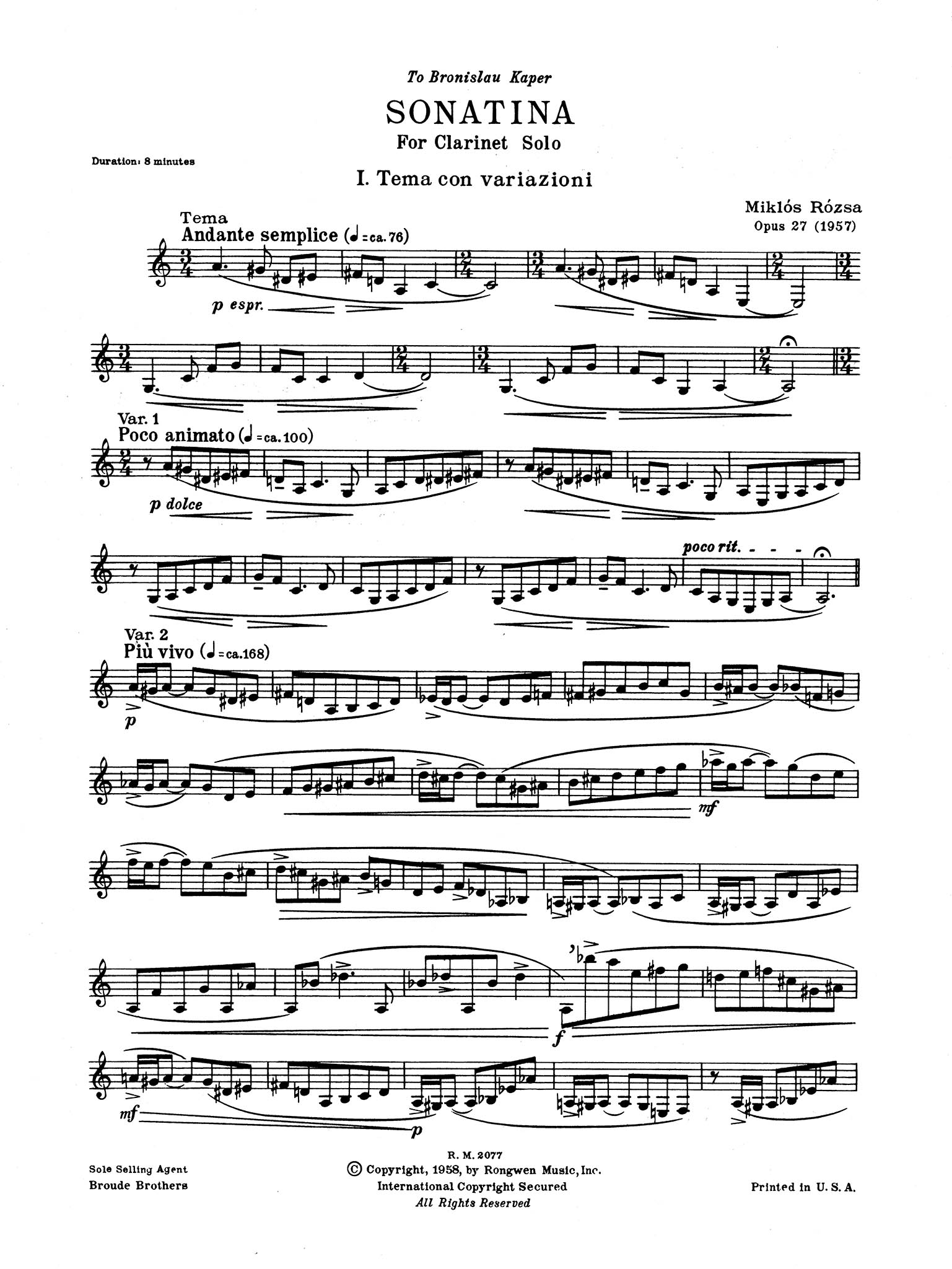 Sonatina for Clarinet Solo, Op. 27 - Movement 1