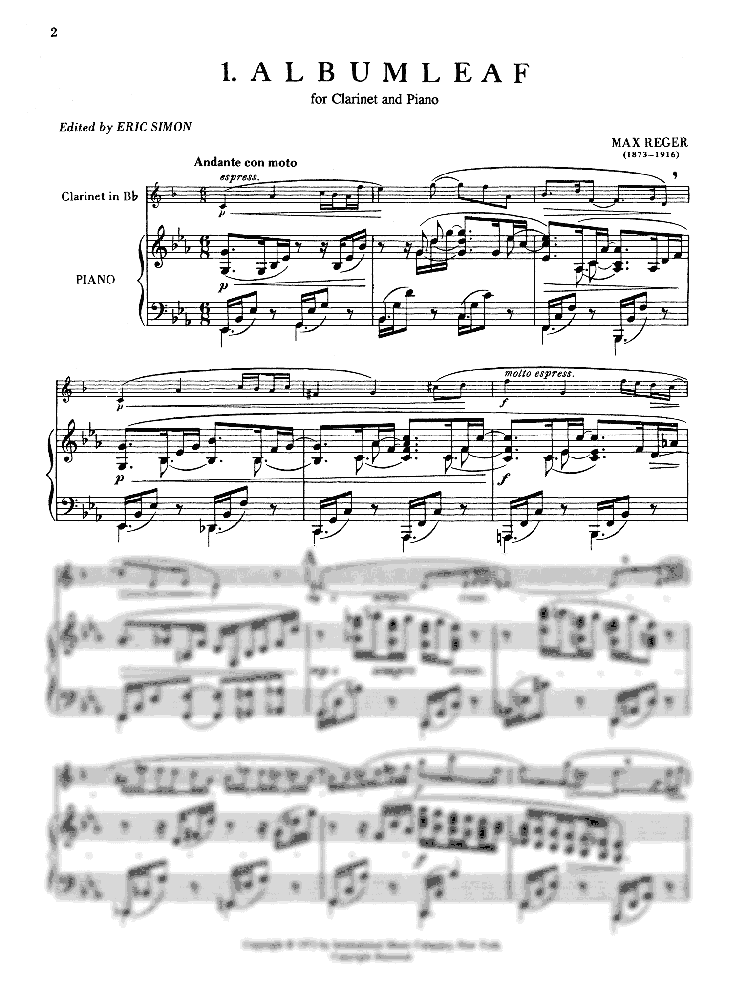 Reger Albumblatt, WoO II/13 clarinet and piano score
