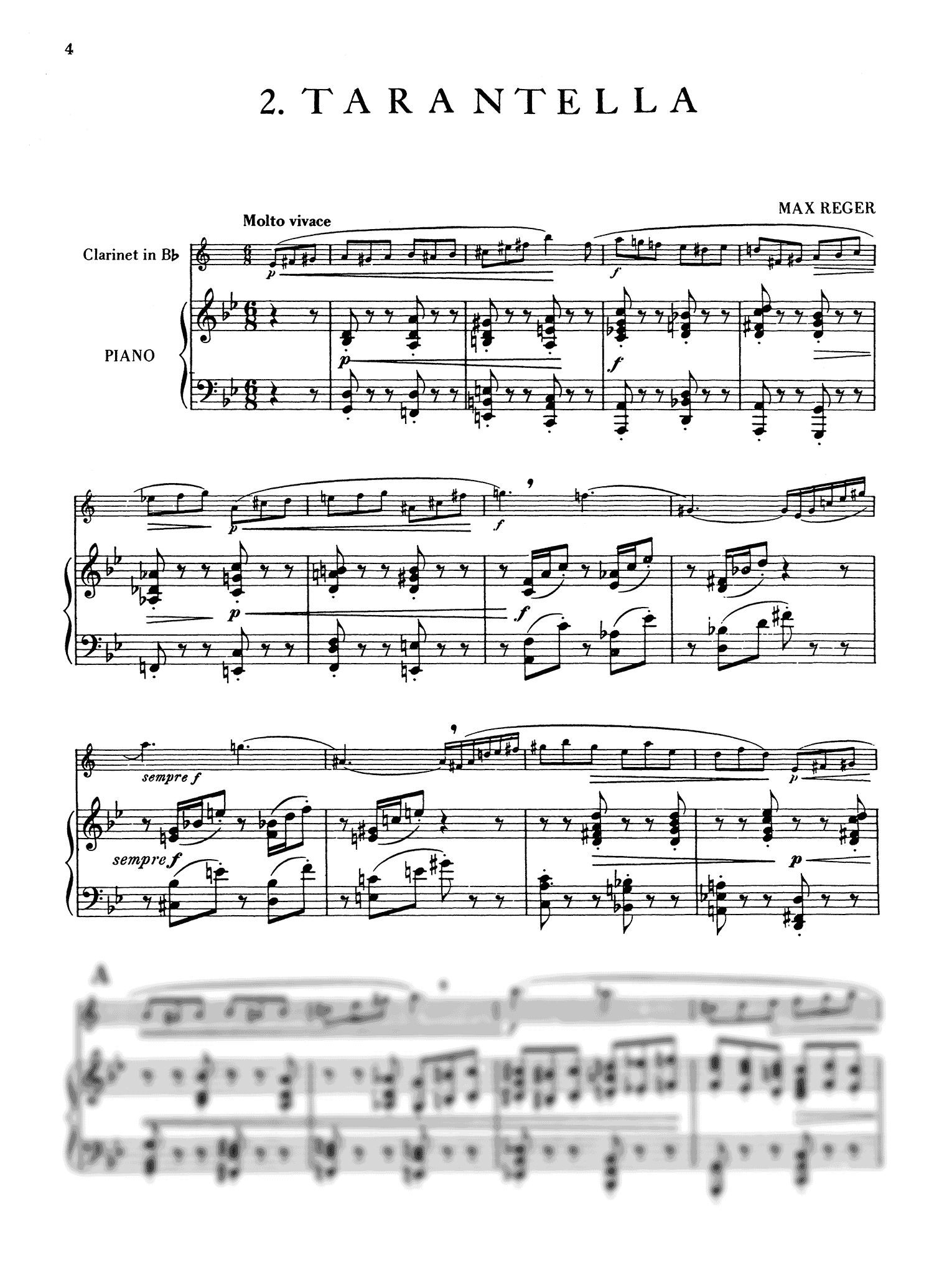Reger Tarantella, WoO II/12 clarinet and piano score