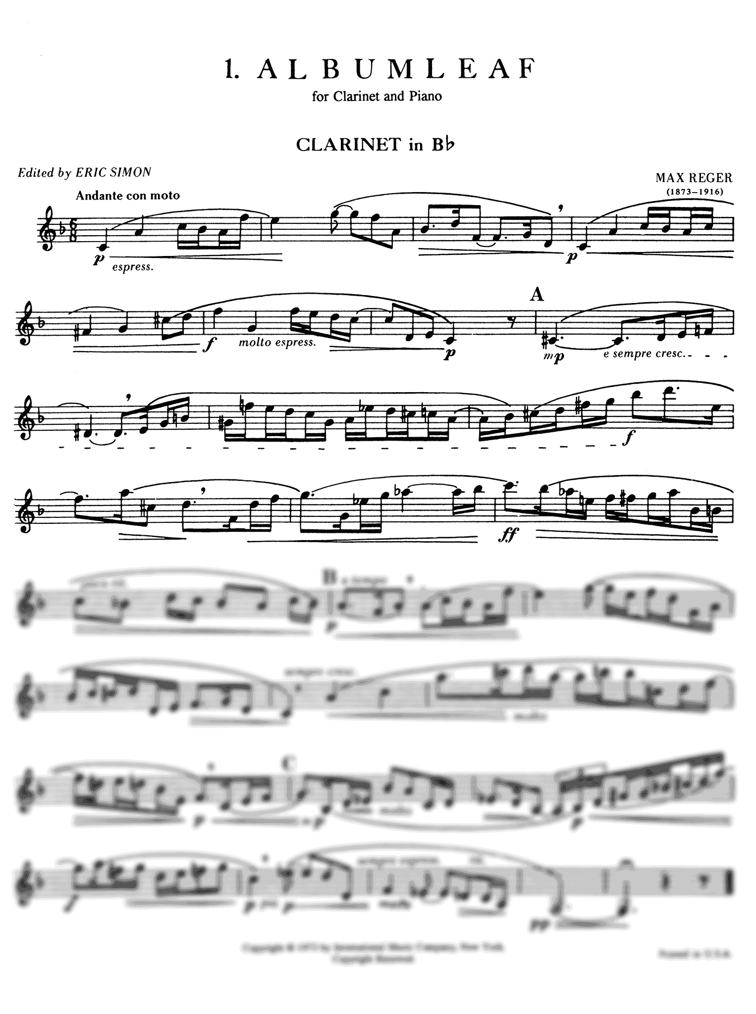Reger Albumblatt, WoO II/13 clarinet part