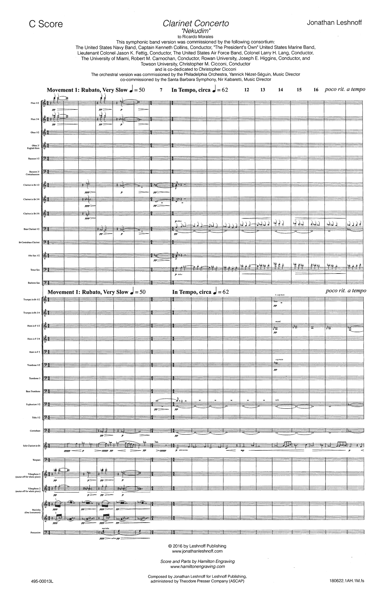 Leshnoff Clarinet Concerto ‘Nekudim’ wind ensemble large score cover - Movement 1
