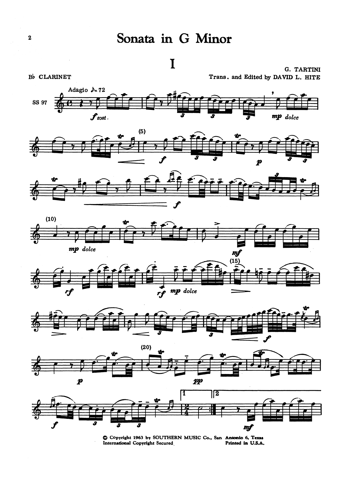 Tartini Sonata in G Minor, Op. 1, B.G10 ‘Didone abbandonata’ Clarinet part