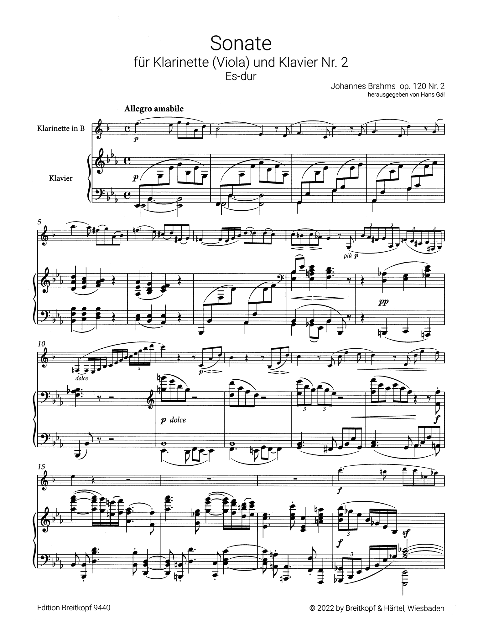 Brahms Clarinet Sonata in E-flat Major, Op. 120 No. 2 Breitkopf - Movement 1