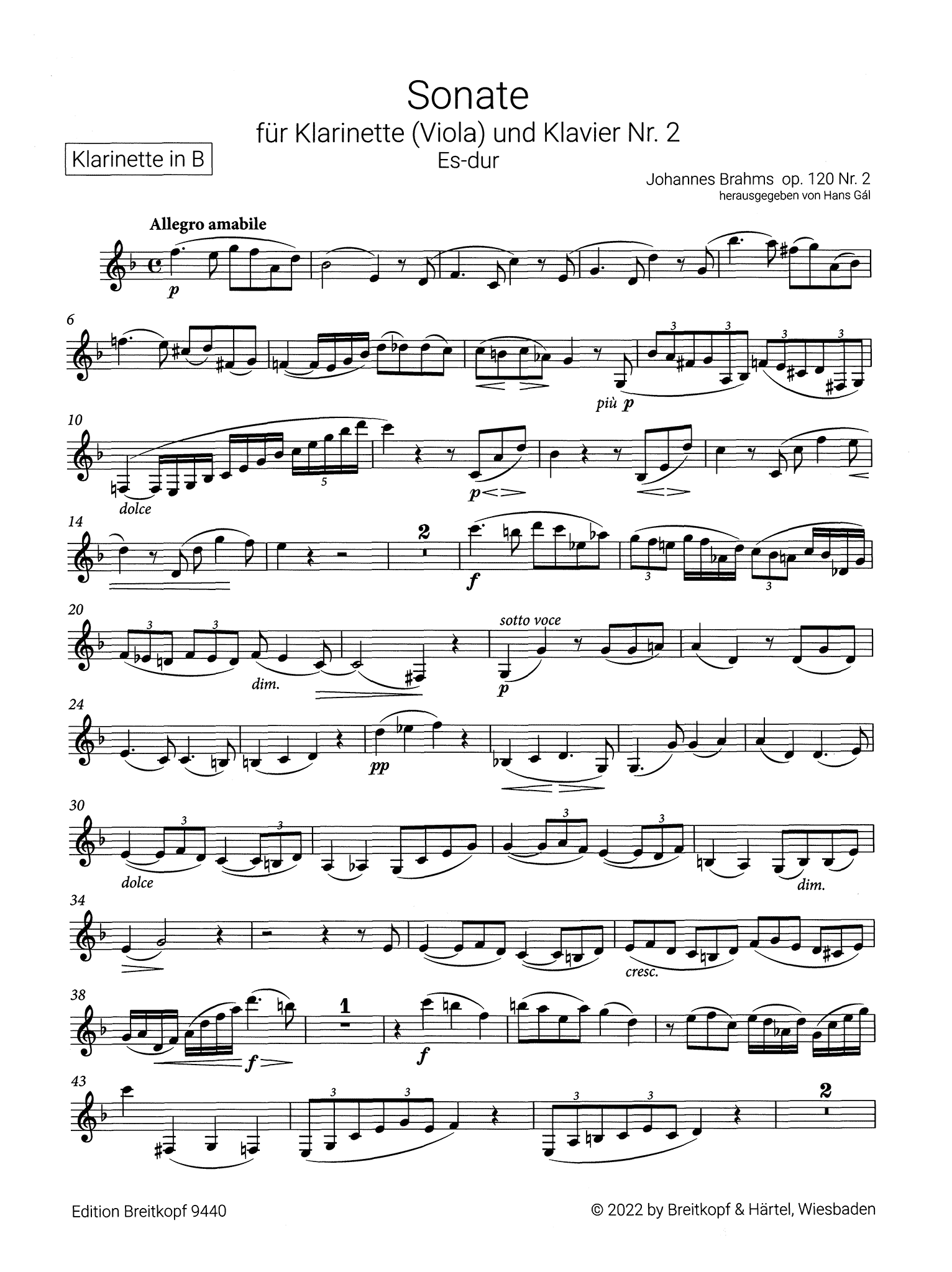Brahms Clarinet Sonata in E-flat Major, Op. 120 No. 2 Breitkopf solo part