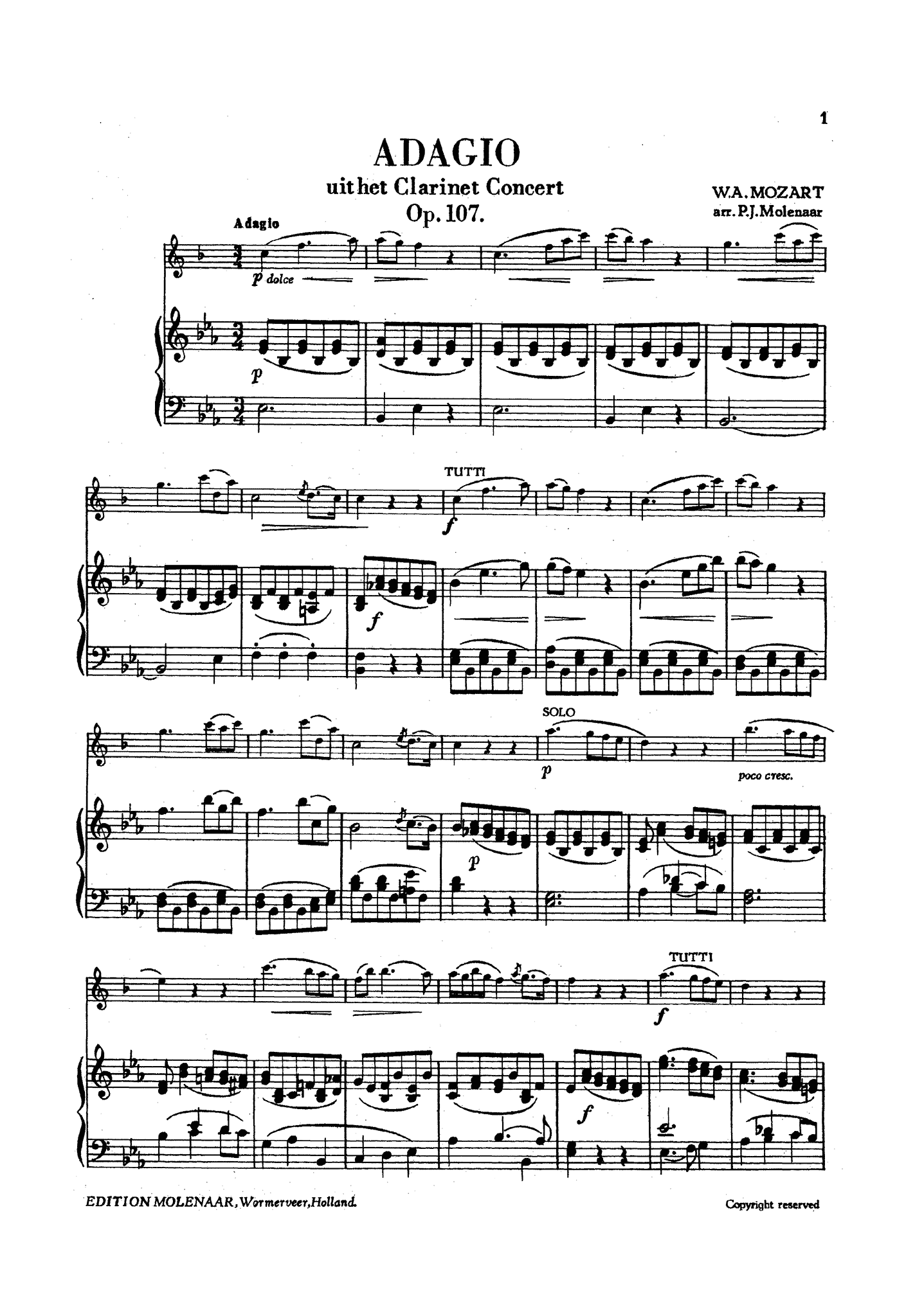 Adagio, from Clarinet Concerto Score
