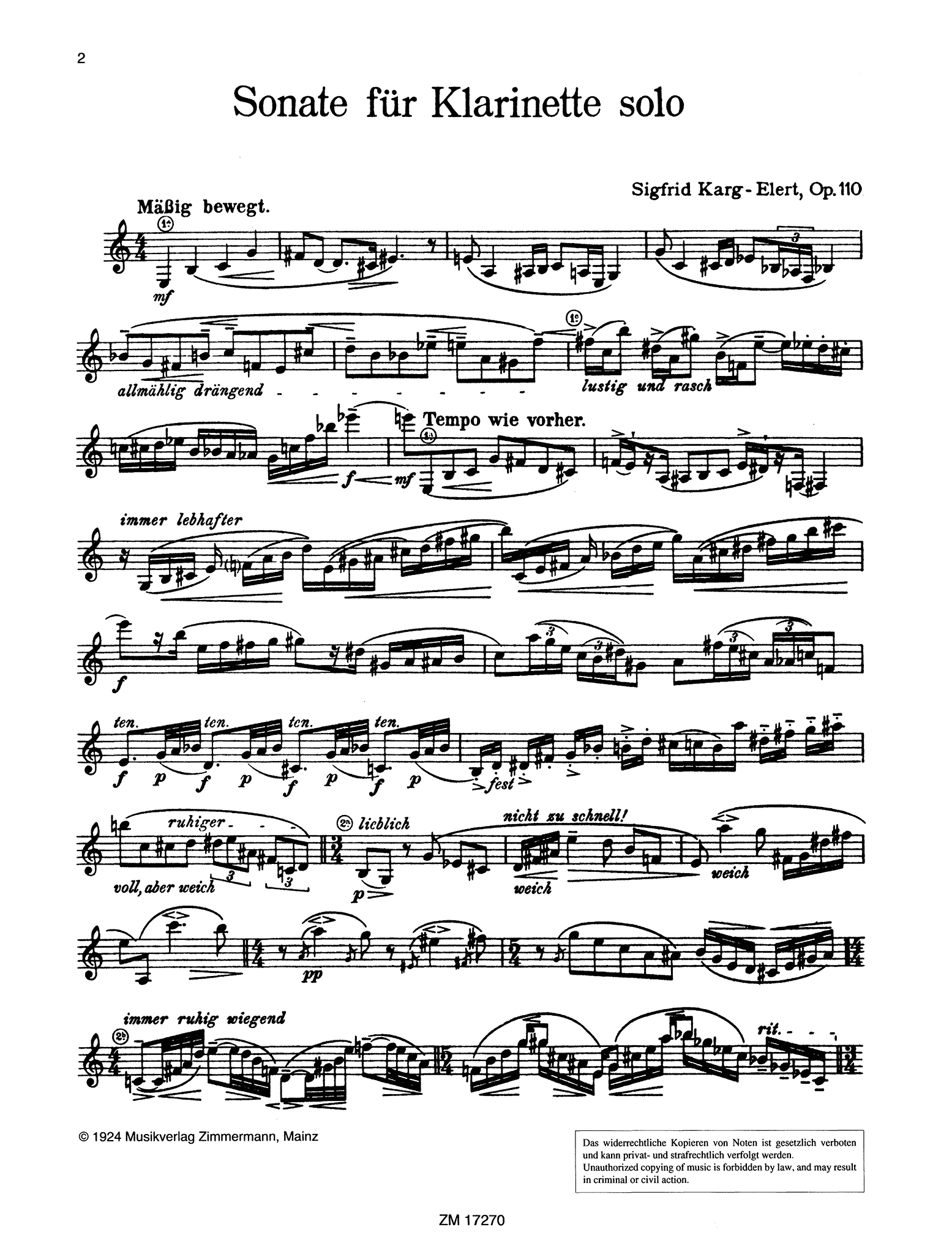 Karg-Elert Sonata for Unaccompanied Clarinet, Op. 110 - Movement 1