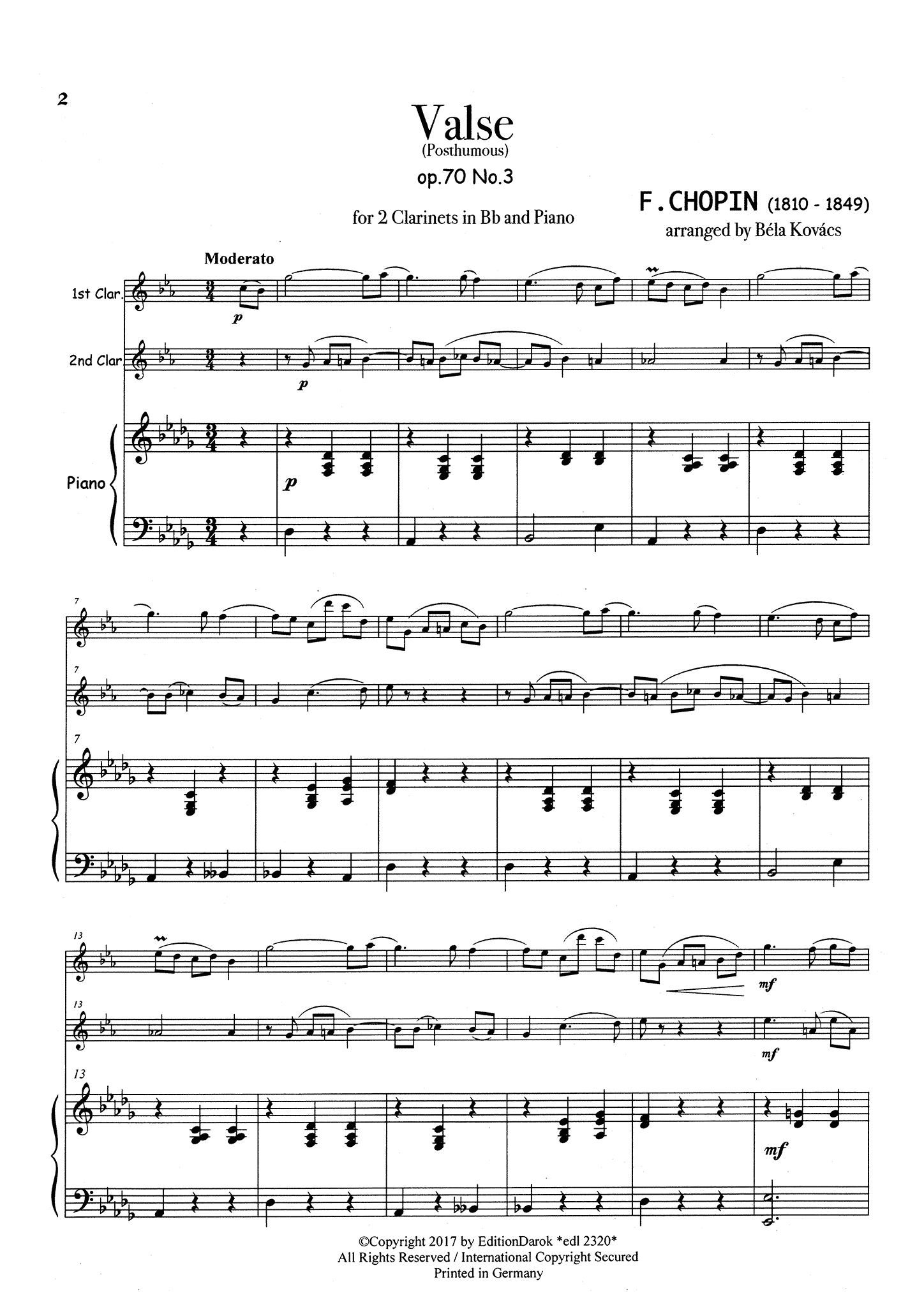 Chopin Waltz, Op. 70 No. 3 for 2 clarinets & piano Score