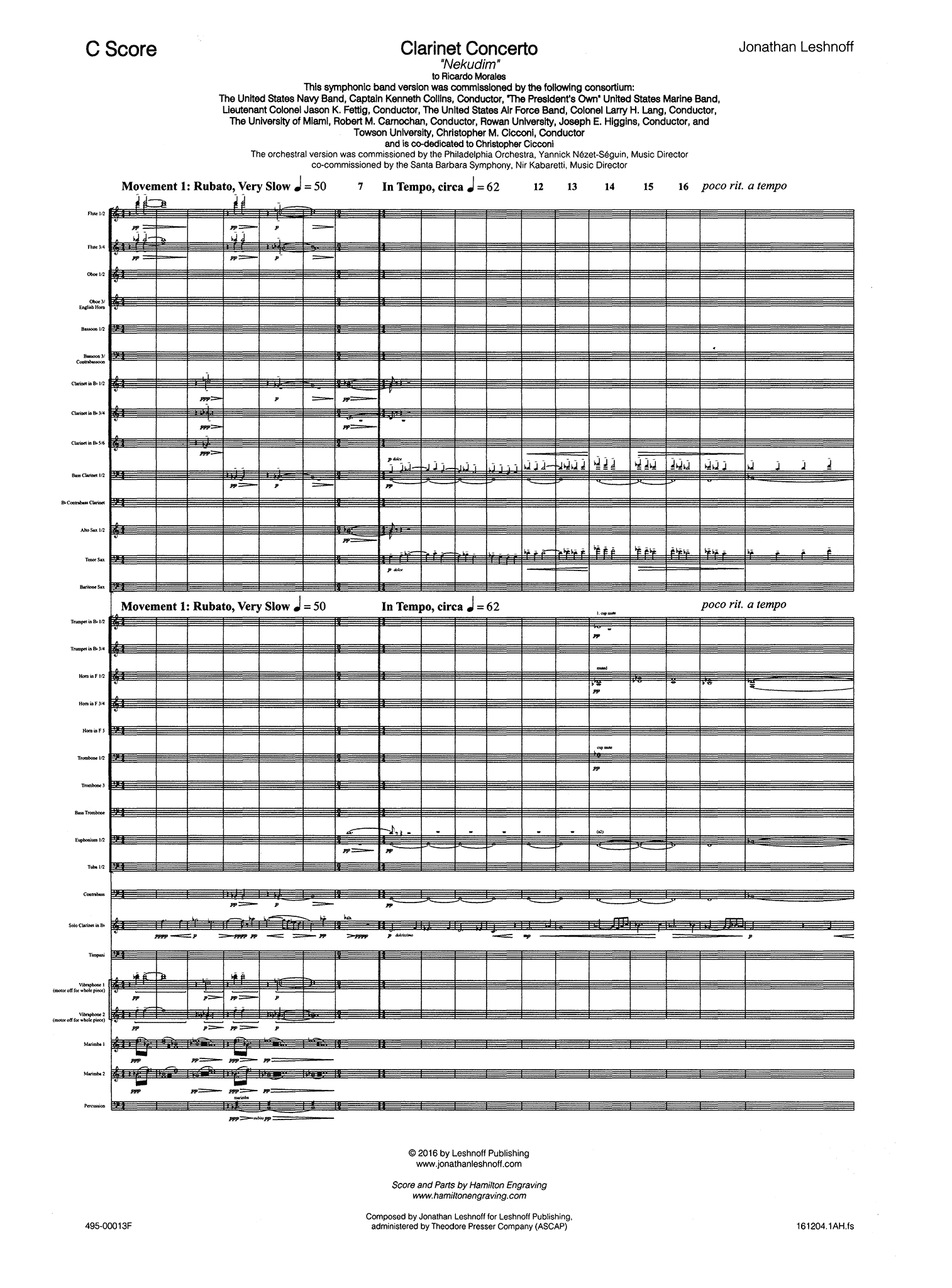 Leshnoff Clarinet Concerto ‘Nekudim’ wind ensemble score - Movement 1