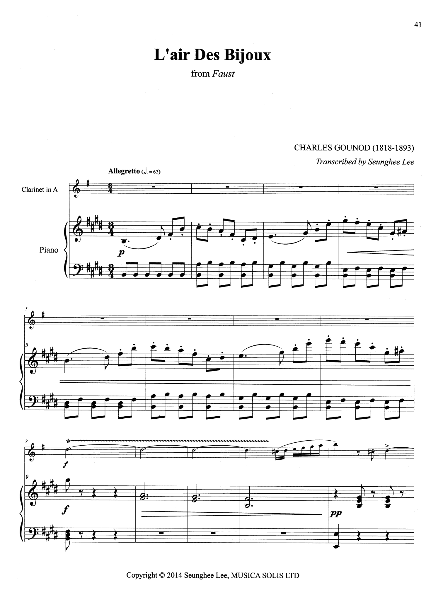 L'air Des Bijoux Piano Score