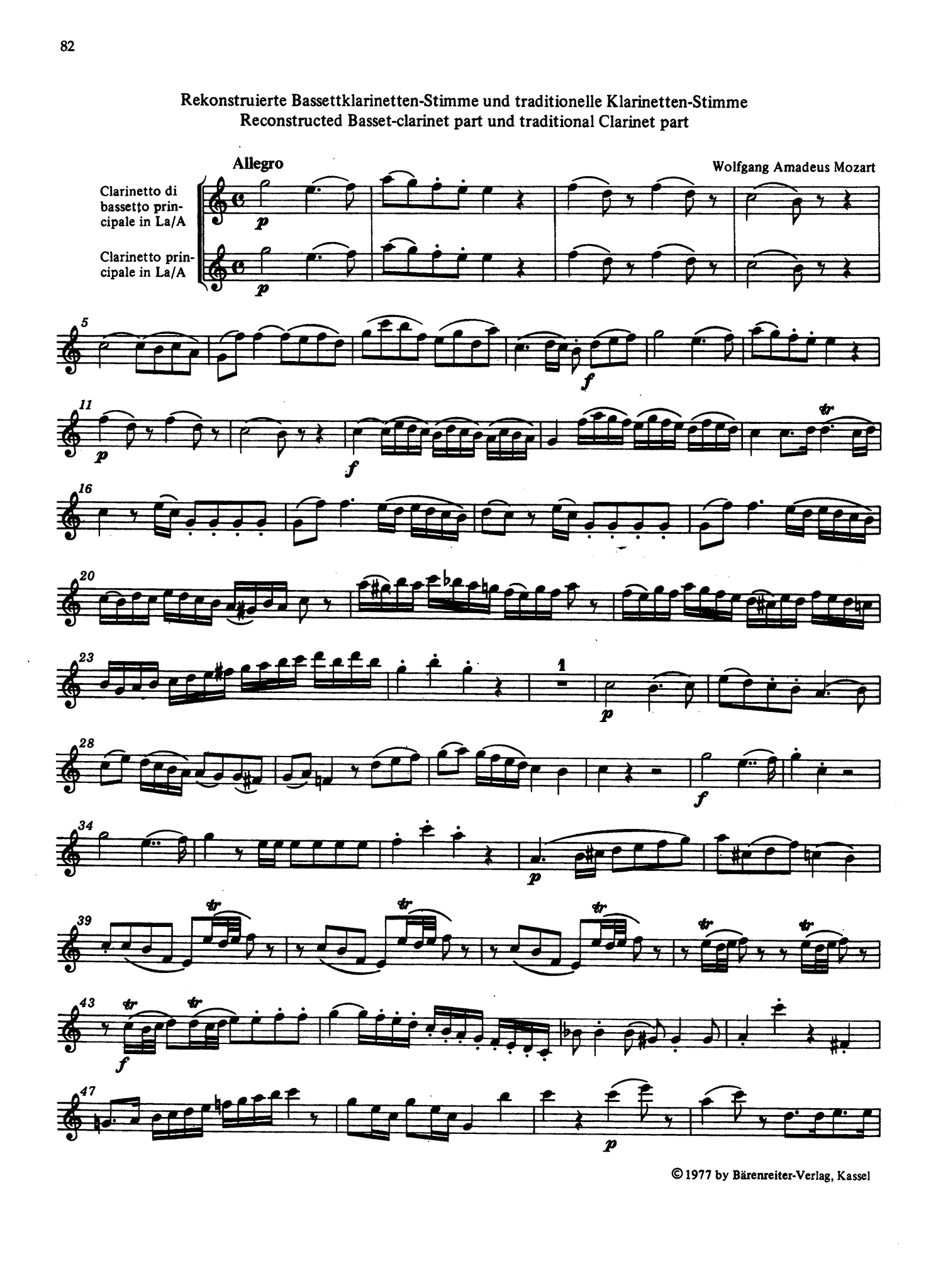 Clarinet Concerto in A Major, K. 622 Clarinet part appendix