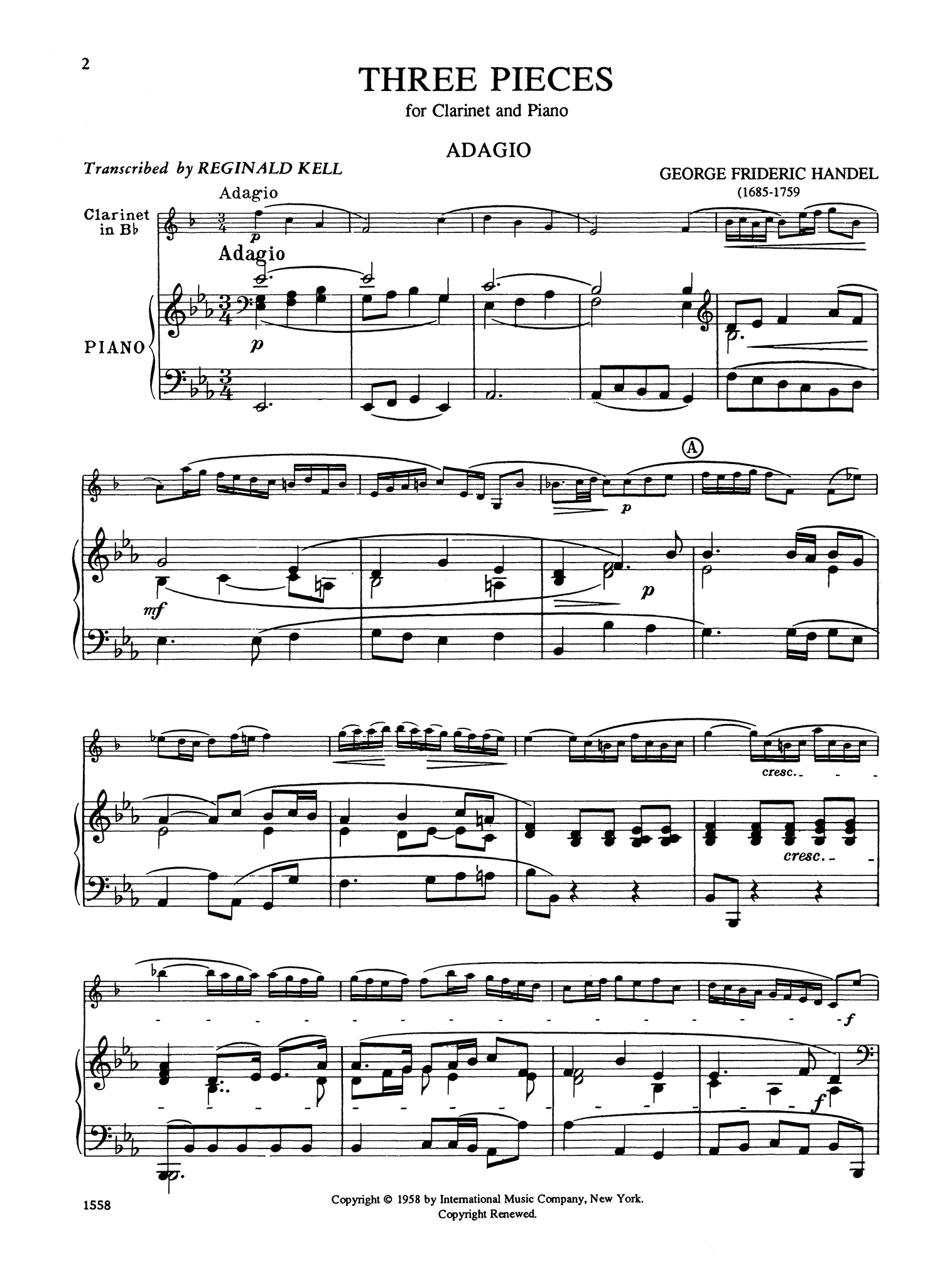 Handel Kell Three Pieces for Clarinet & Piano - movement 1