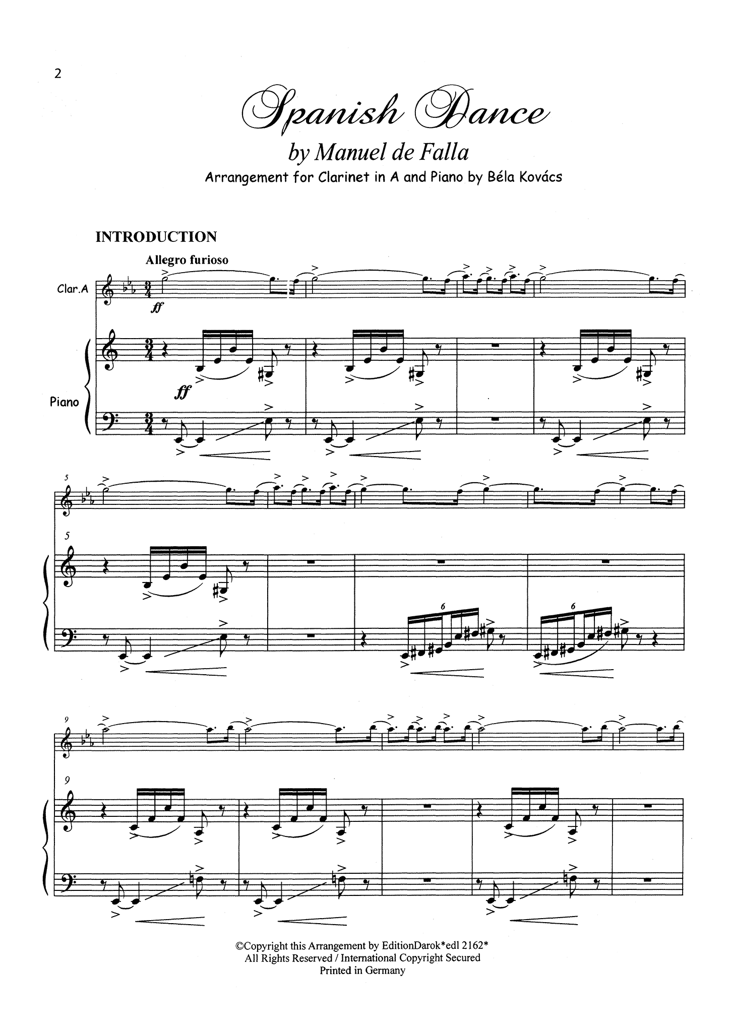 Falla / Kovács; Spanish Dance from opera La vide breve Score