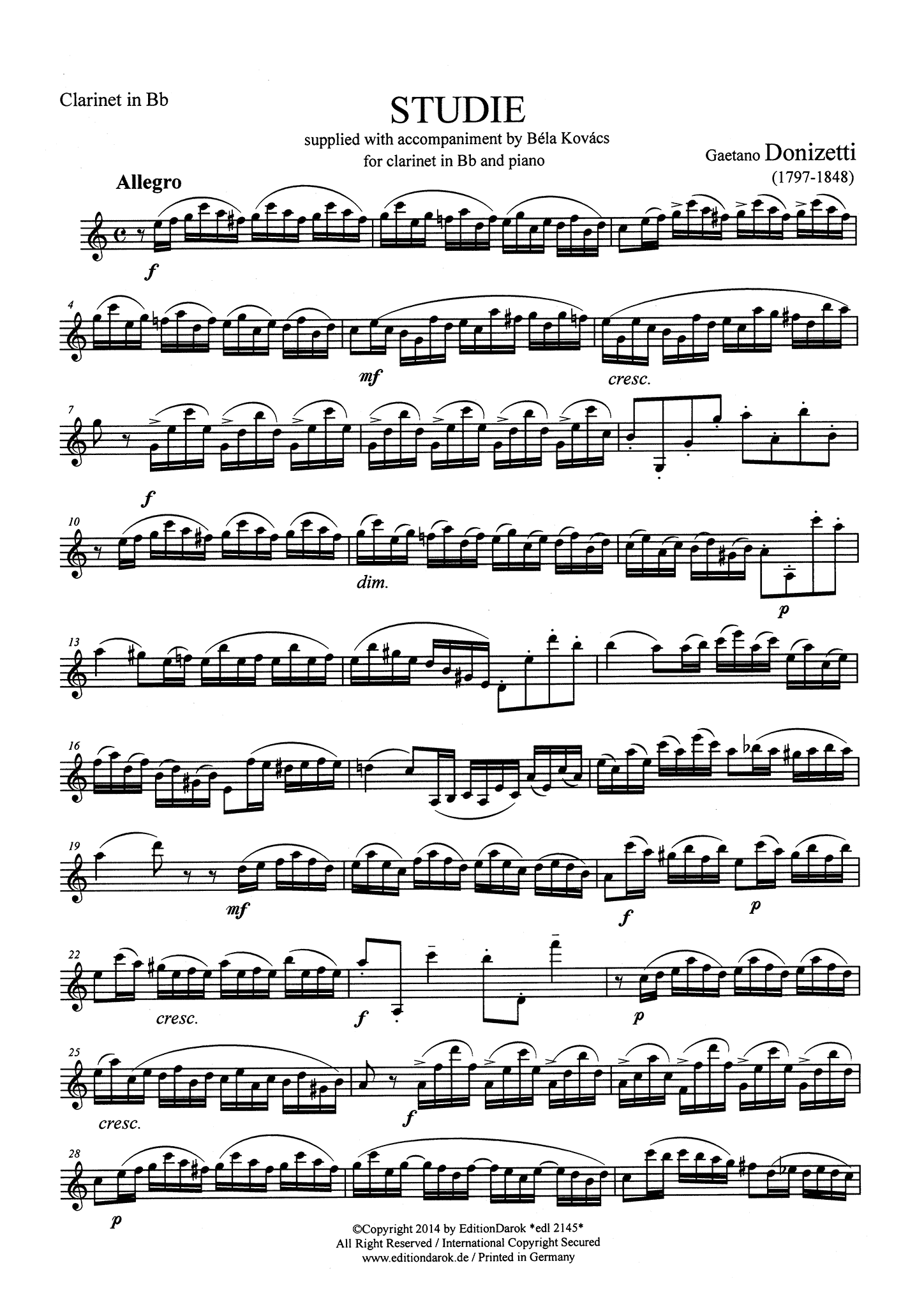 Donizetti Study No. 1 with piano accompaniment Clarinet part