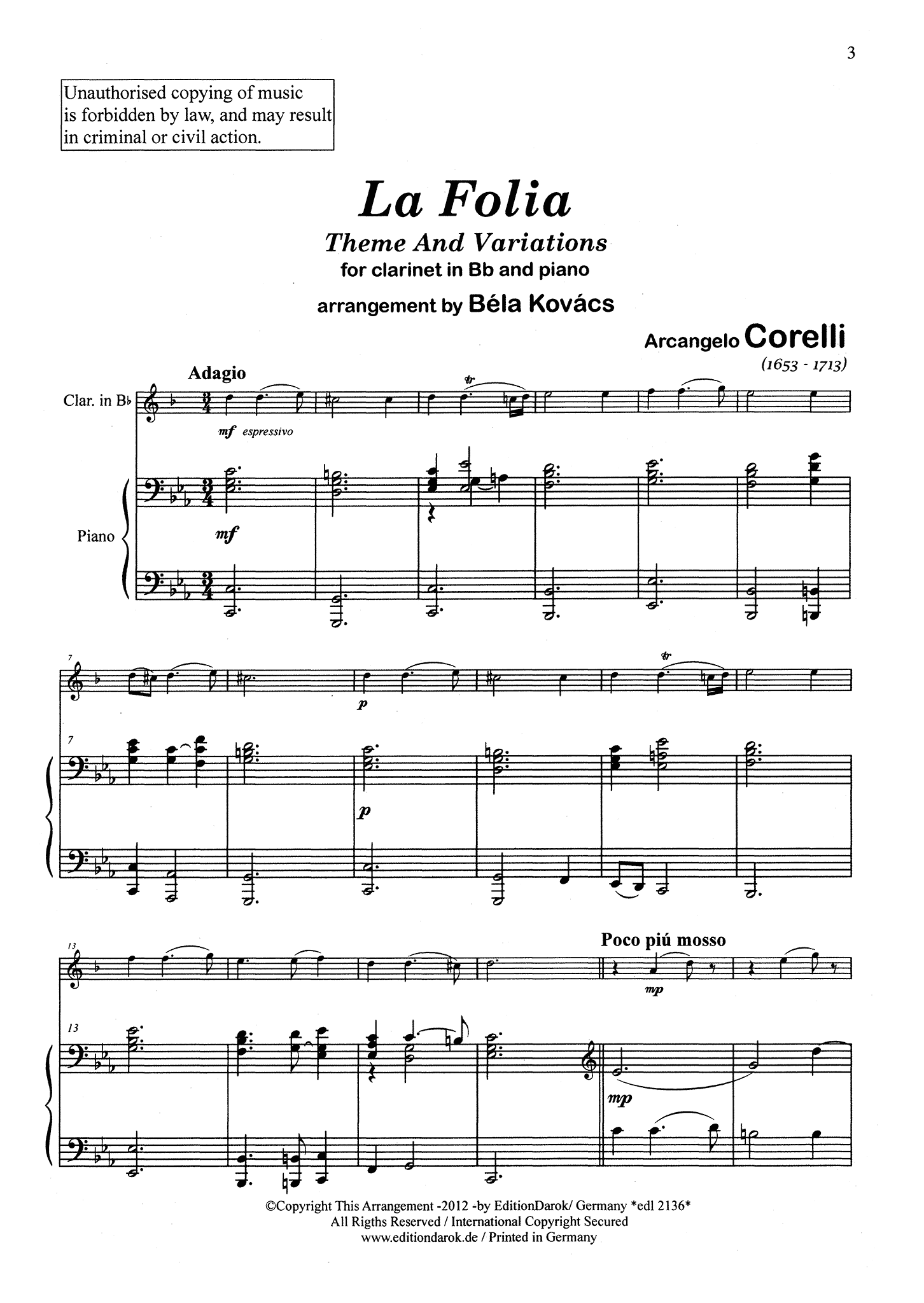 Corelli / Kovacs: La Folia clarinet and piano adaptation score