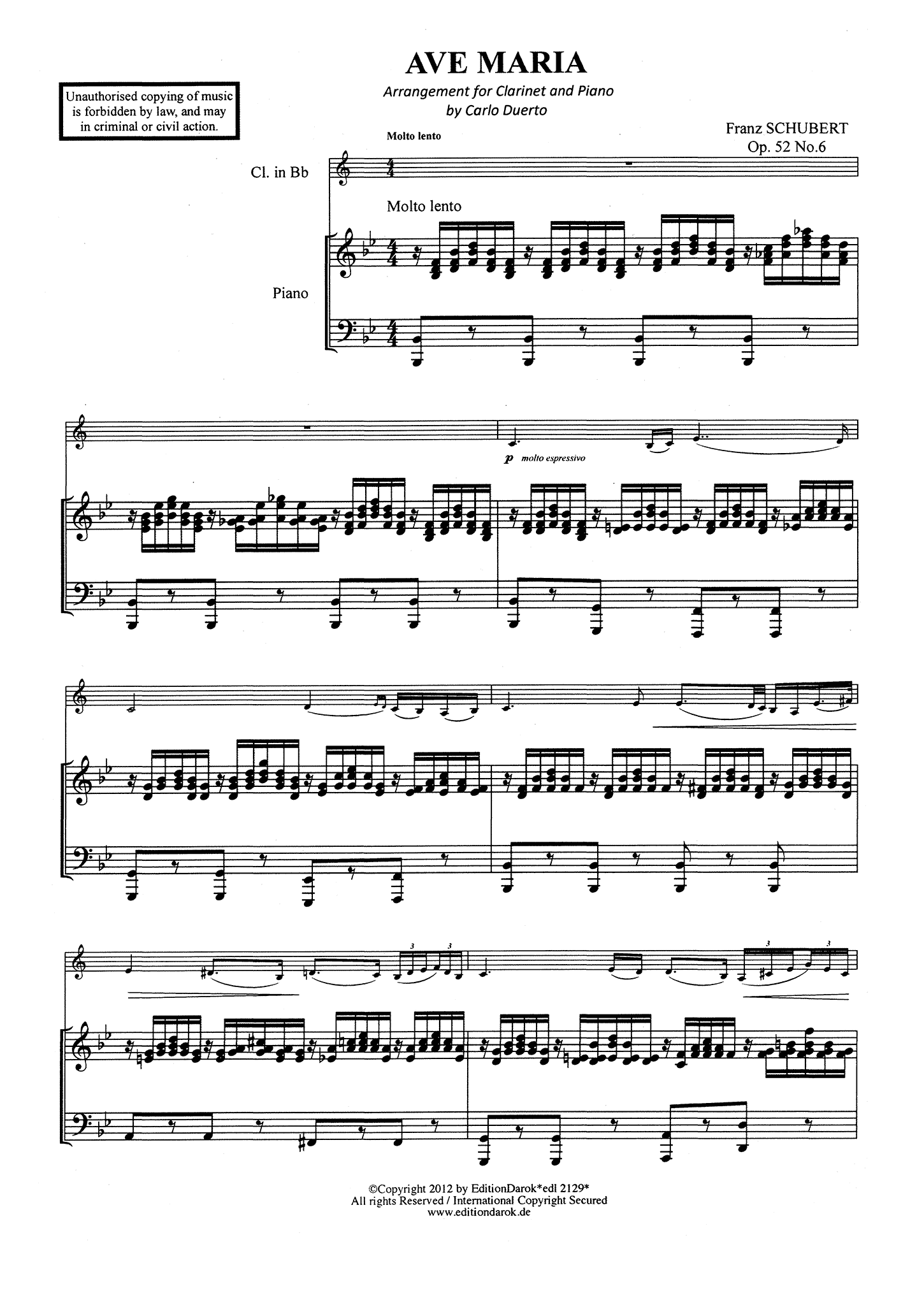 Schubert Ave Maria, D. 839, Op. 52 No. 6 clarinet and piano arrangement score