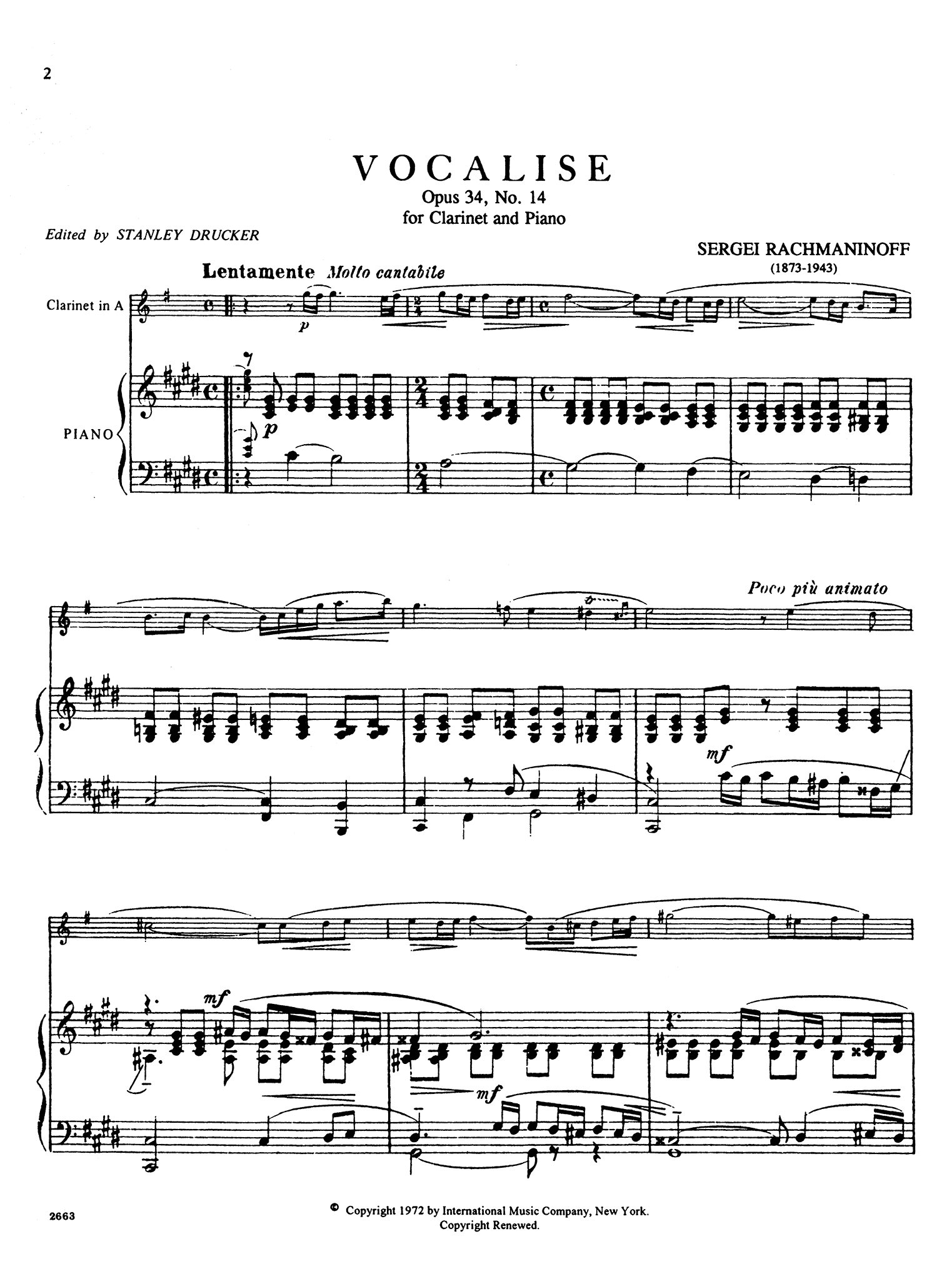 Rachmaninoff Vocalise, Op. 34 No. 14 for clarinet & piano score