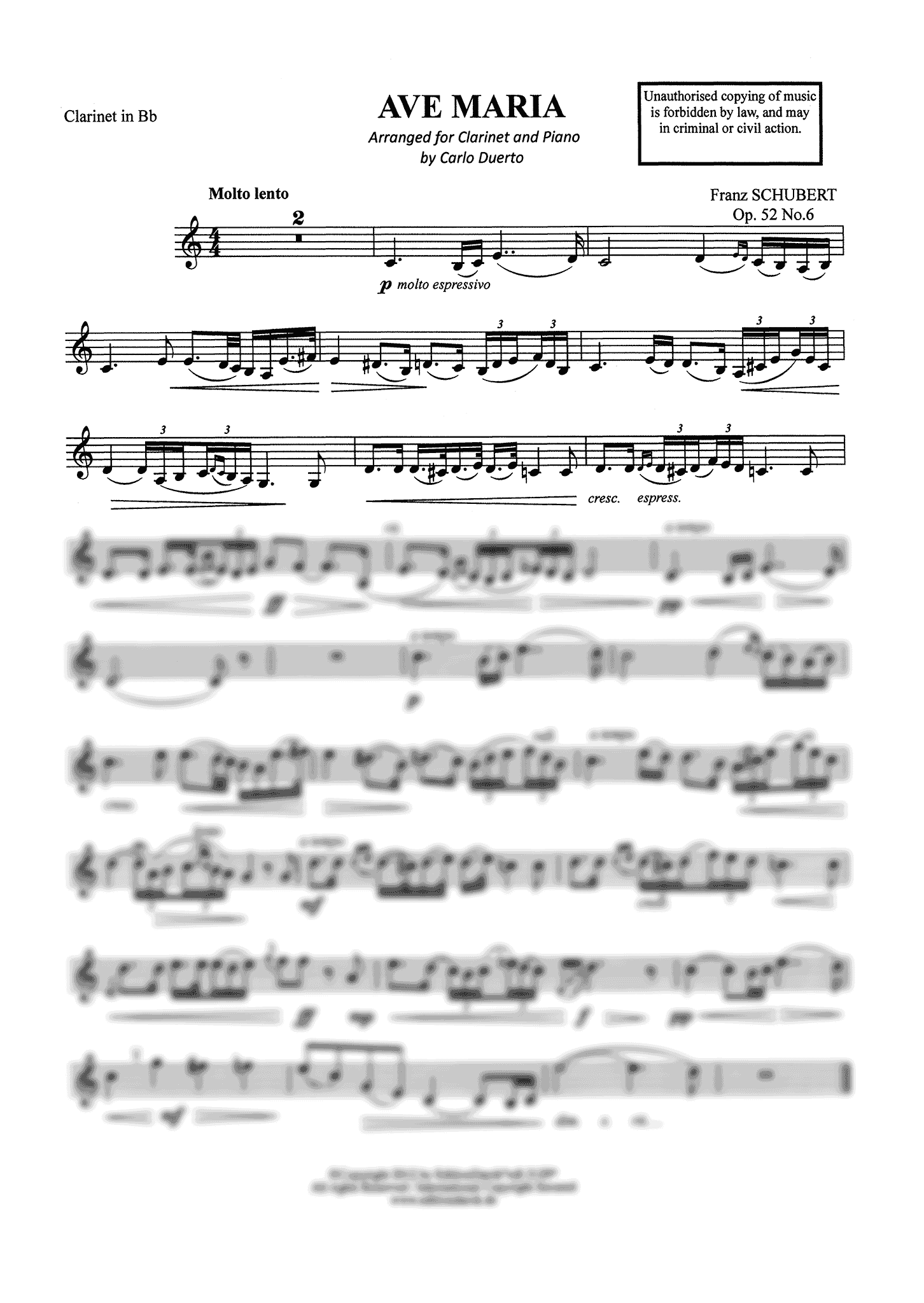 Schubert Ave Maria, D. 839, Op. 52 No. 6 clarinet and piano arrangement solo part