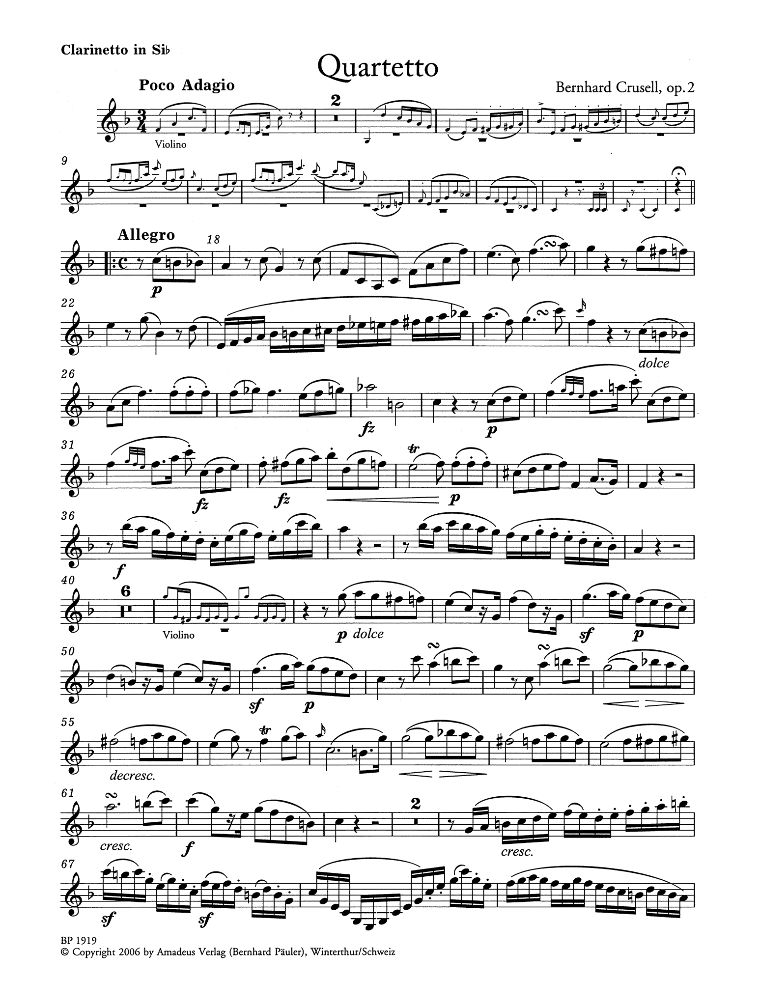 Crusell Clarinet Quartet No. 1 in E-flat Major, Op. 2 Clarinet part