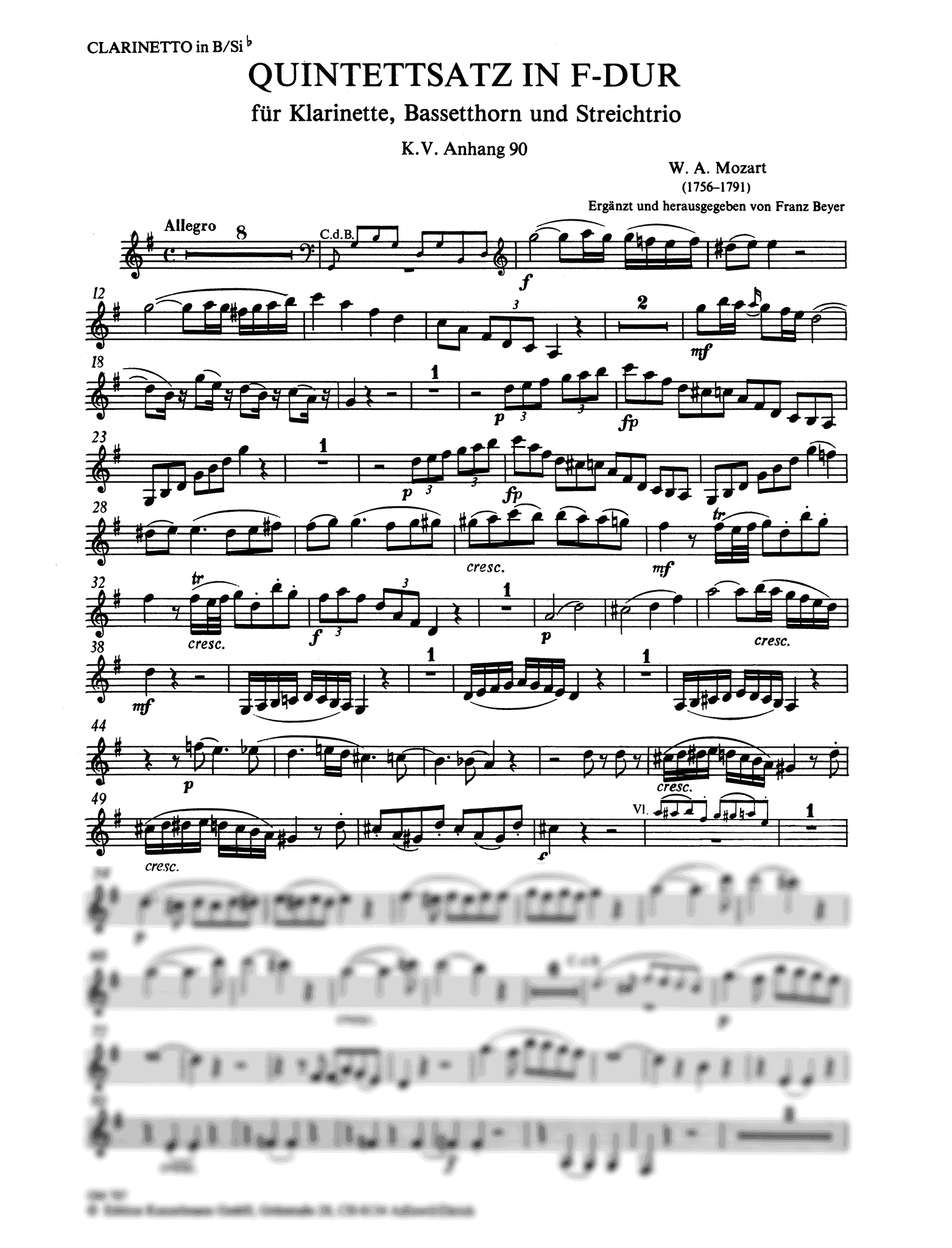 Mozart Allegro in F Major, K. Anh. 90/580b completed by Beyer clarinet part
