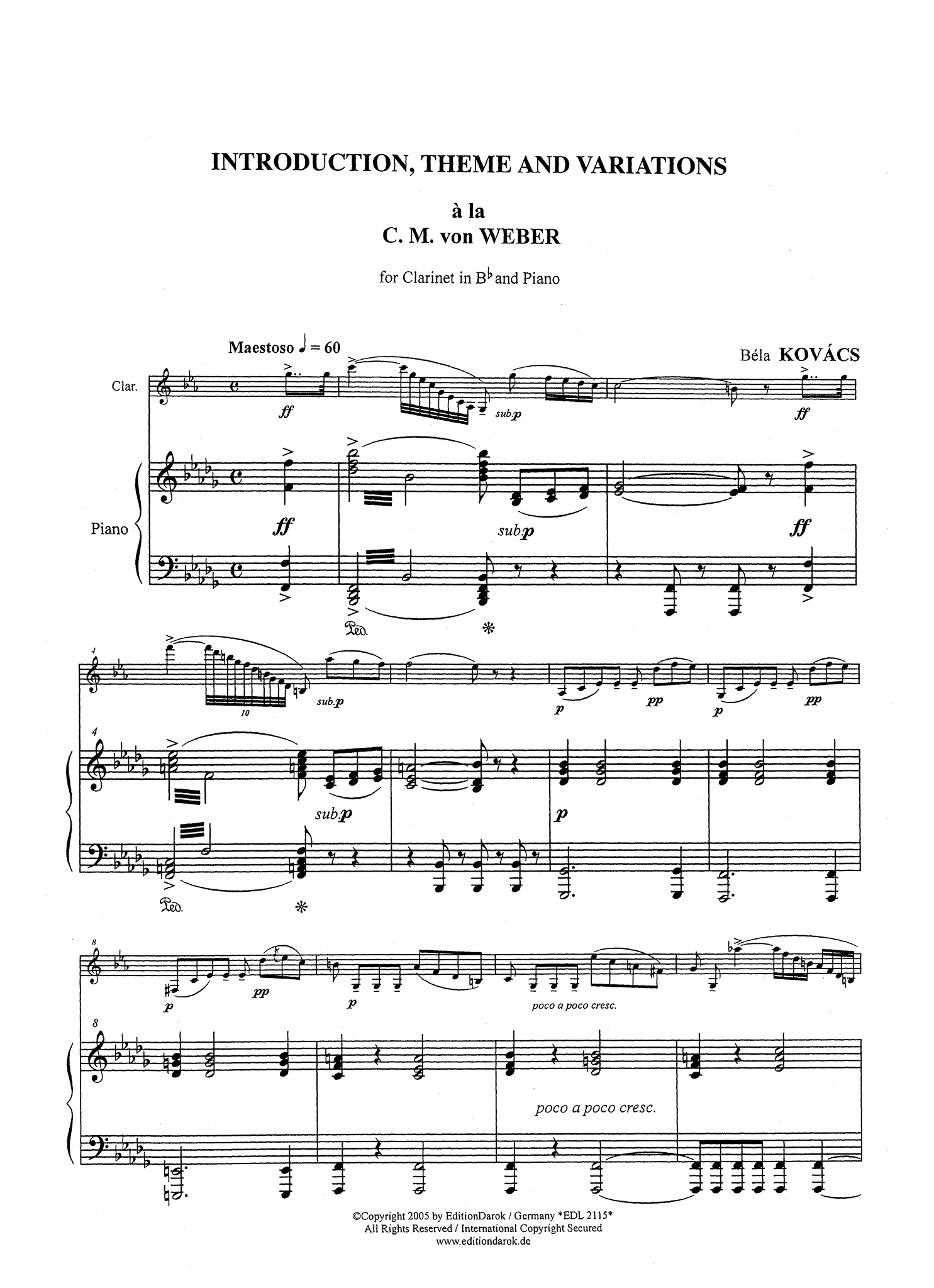 Kovács Hommage à Weber for clarinet & piano Score