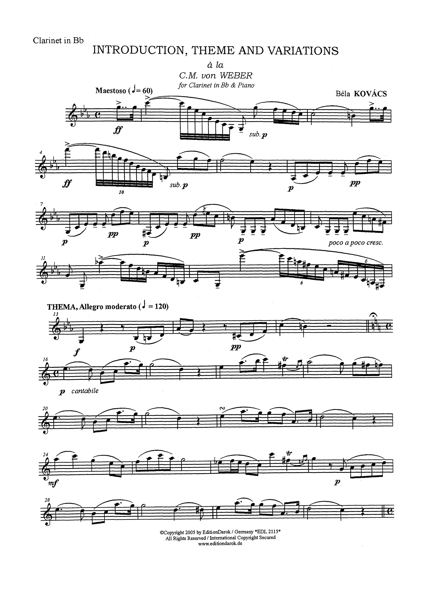 Kovács Hommage à Weber arrangement with piano accompaniment Clarinet part