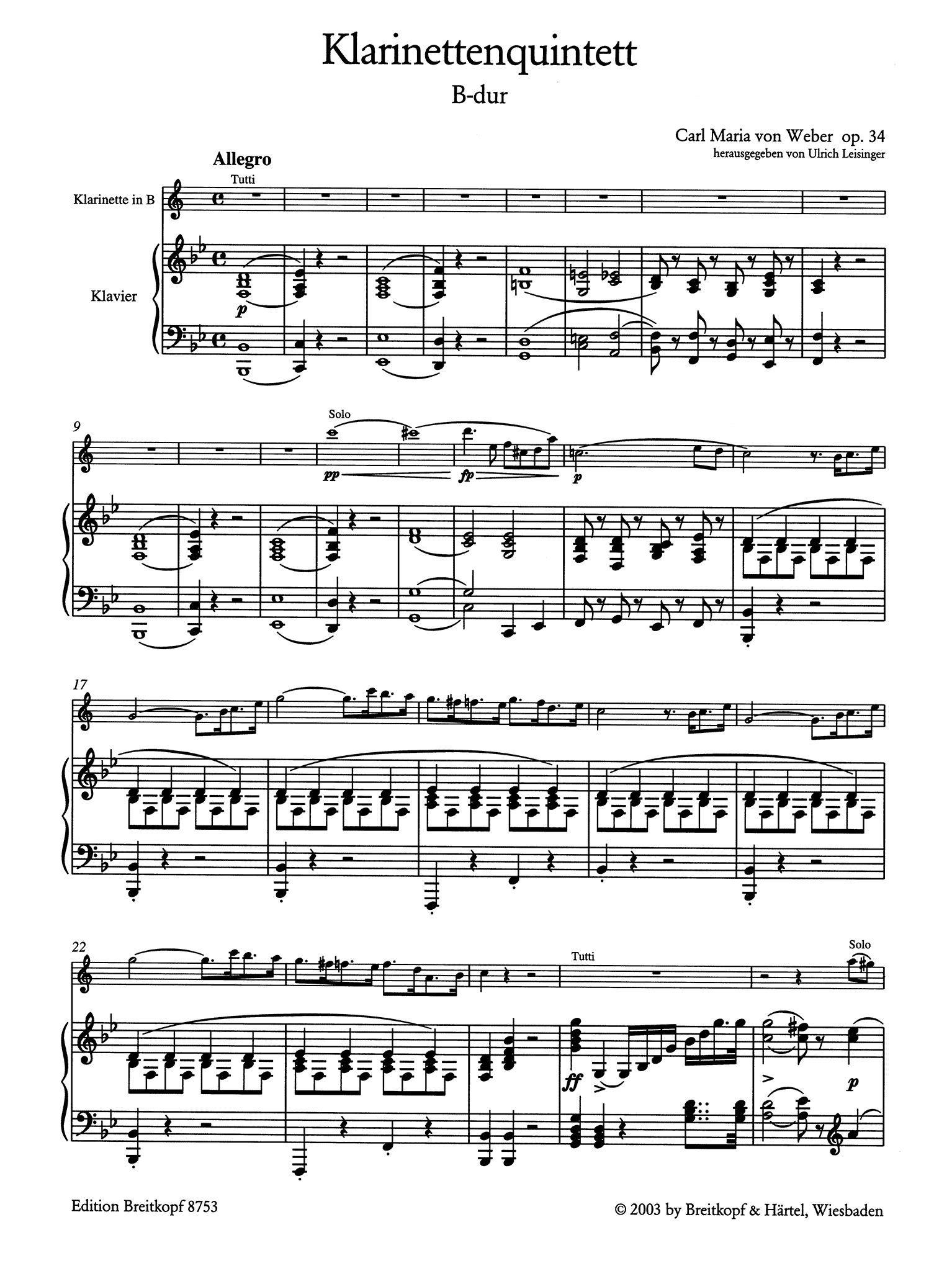 Clarinet Quintet, Op. 34 Piano reduction - Movement 1