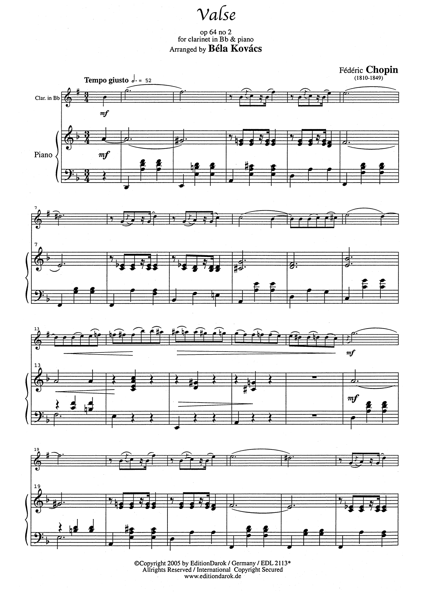 Chopin Waltz Op. 64 No. 2 Clarinet & Piano arrangement Score