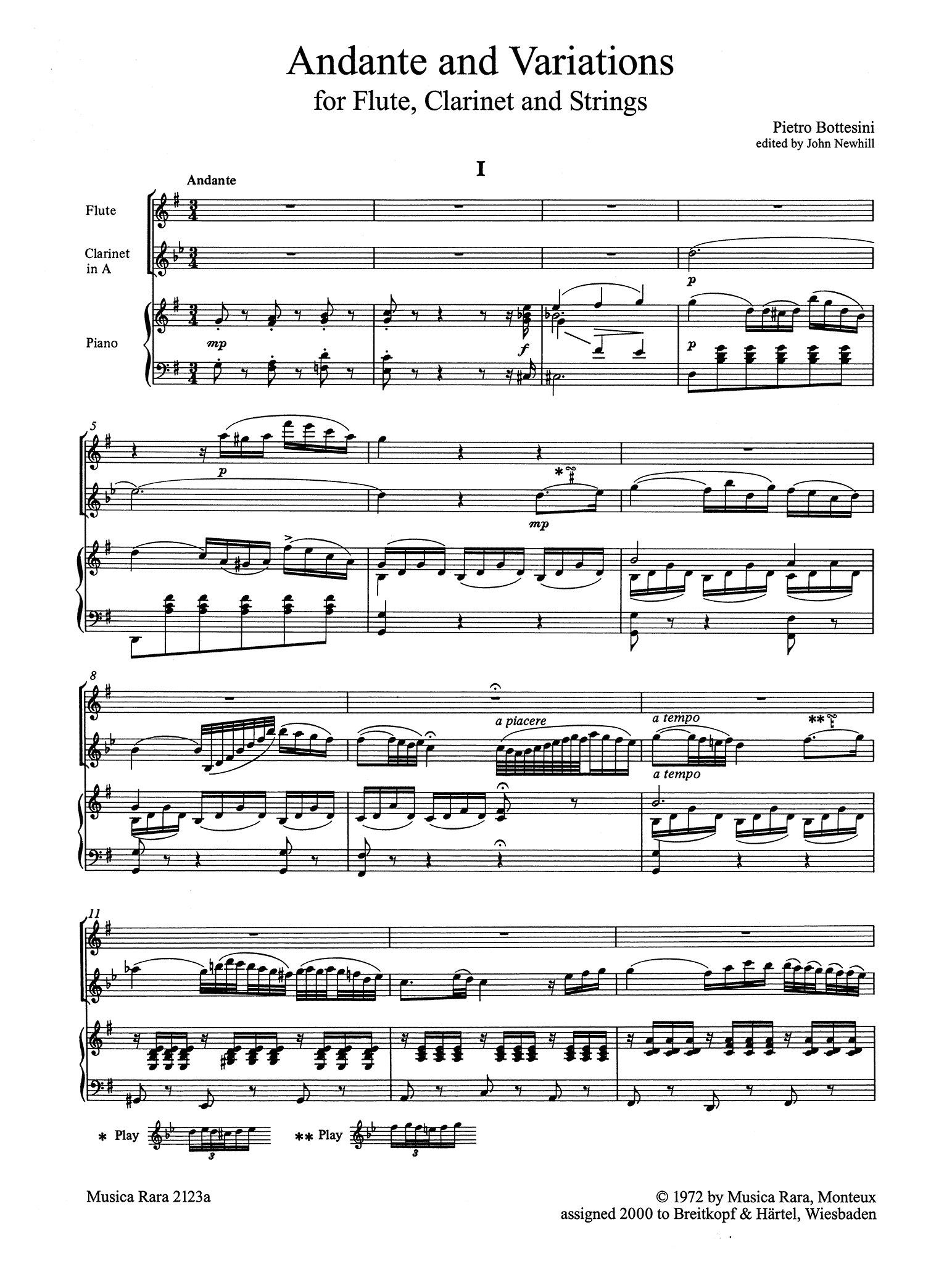 Pietro Bottesini Andante Variations flute clarinet strings piano reduction score page 2