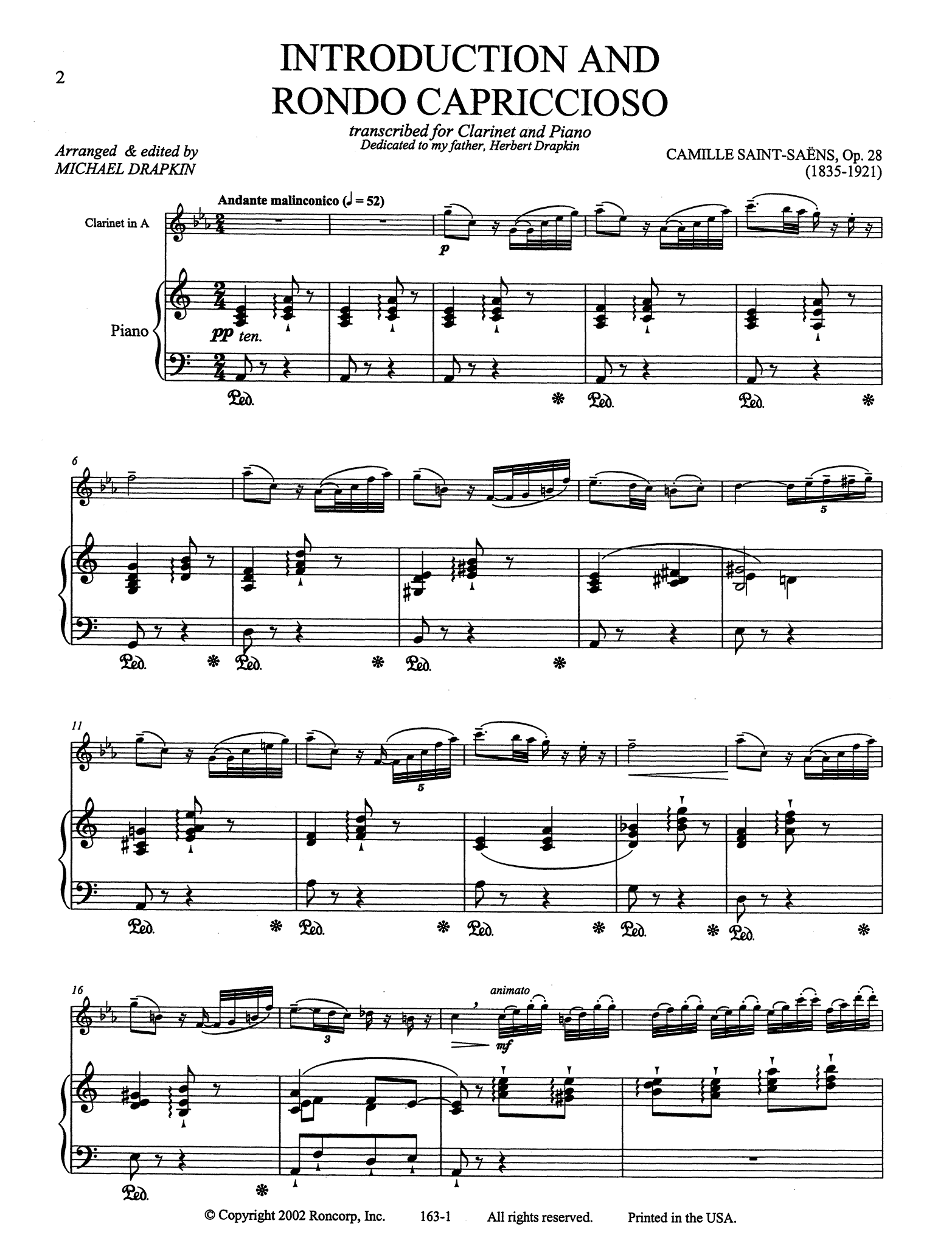 Saint-Saëns Introduction et rondo capriccioso, Op. 28 clarinet arrangement score