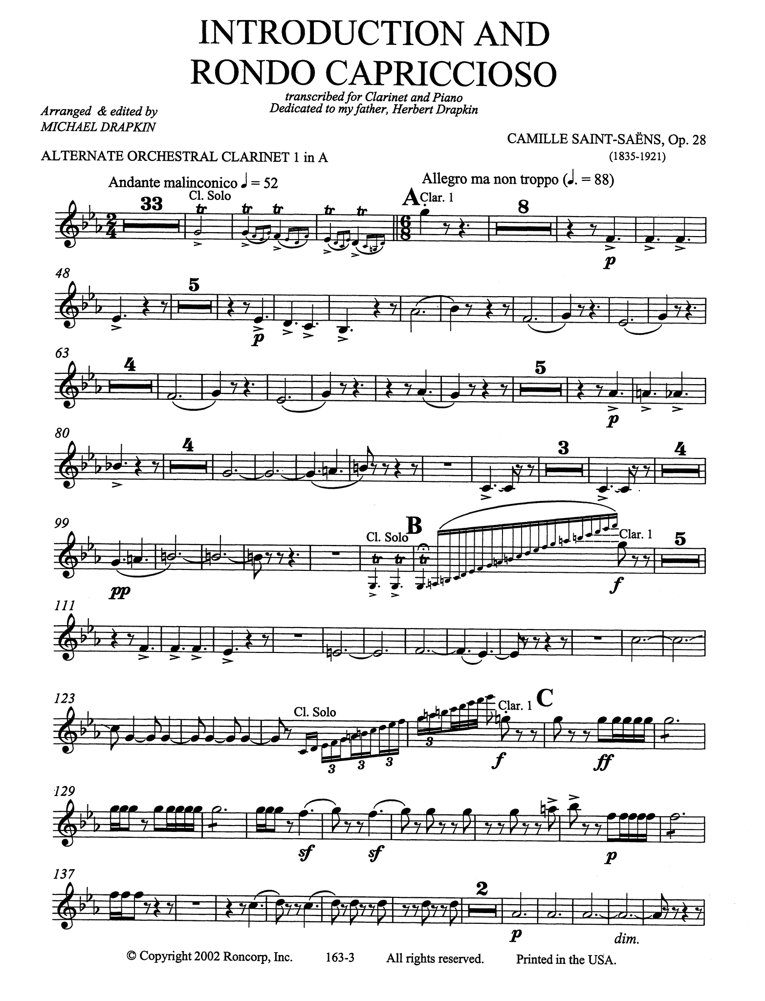 Saint-Saëns Introduction et rondo capriccioso, Op. 28 clarinet arrangement first clarinet orchestra part