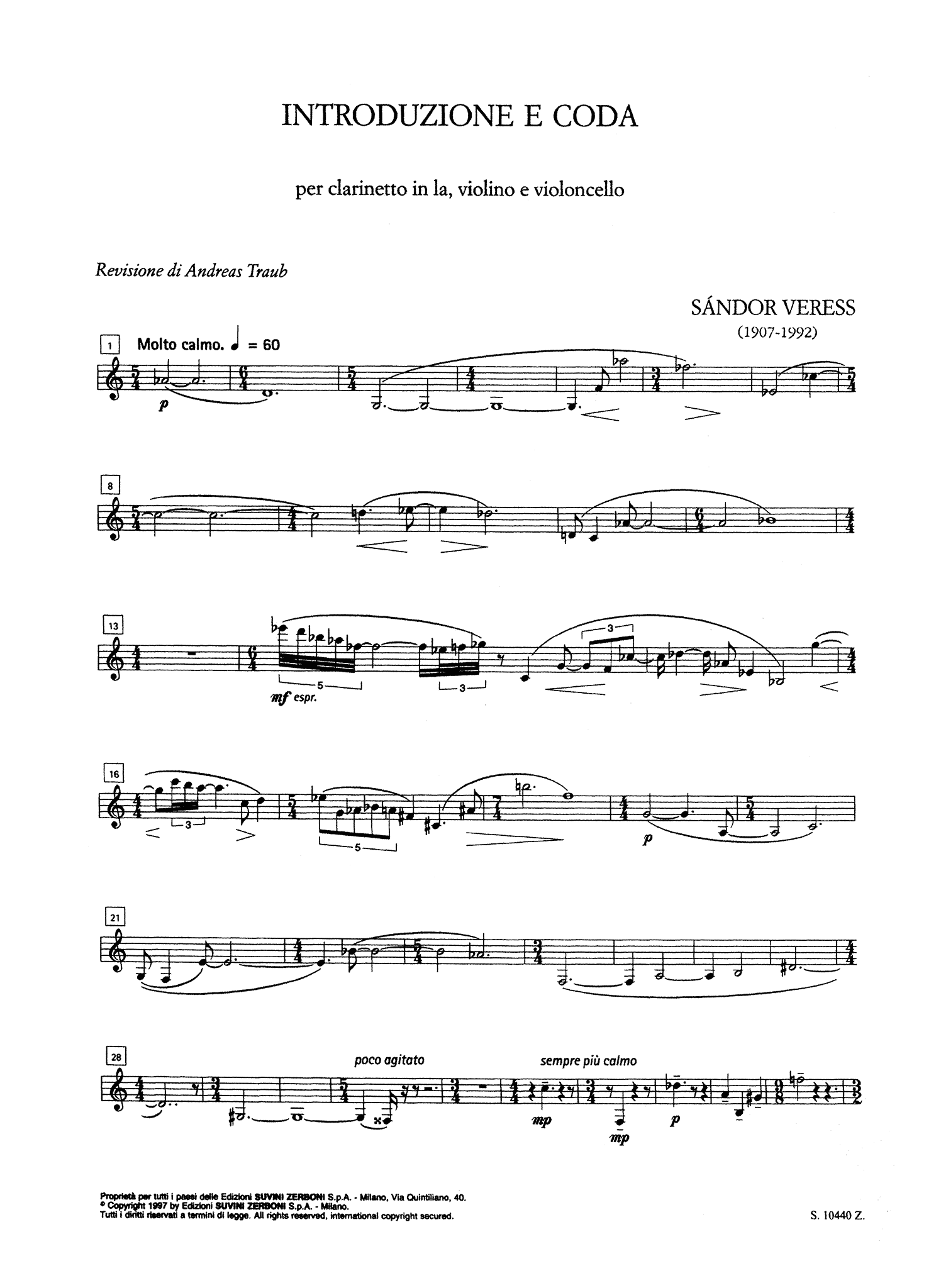 Veress Introduzione e Coda clarinet violin and cello clarinet part