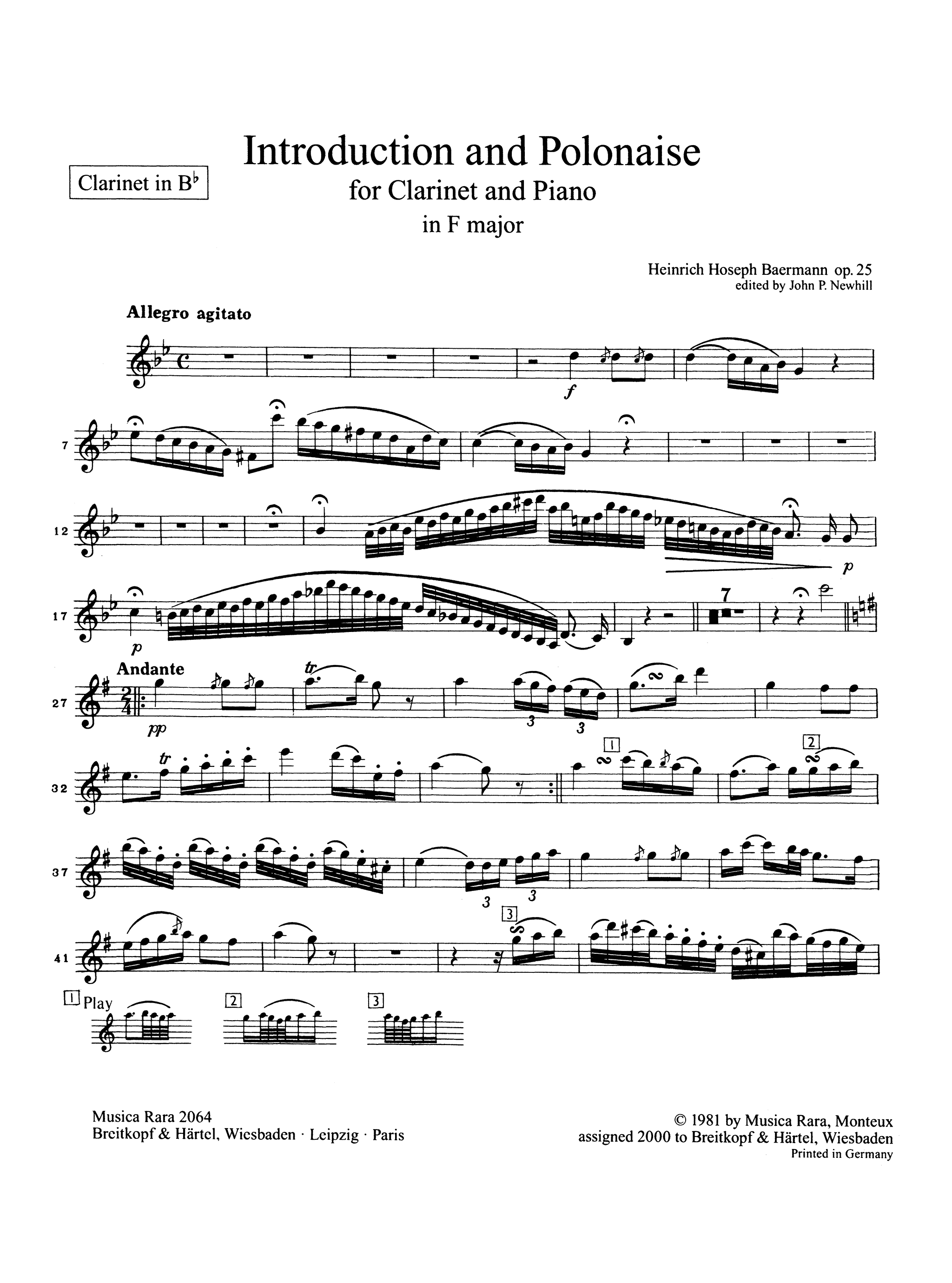 Heinrich Joseph Baermann Introduction & Polonaise, Op. 25 clarinet and piano solo part