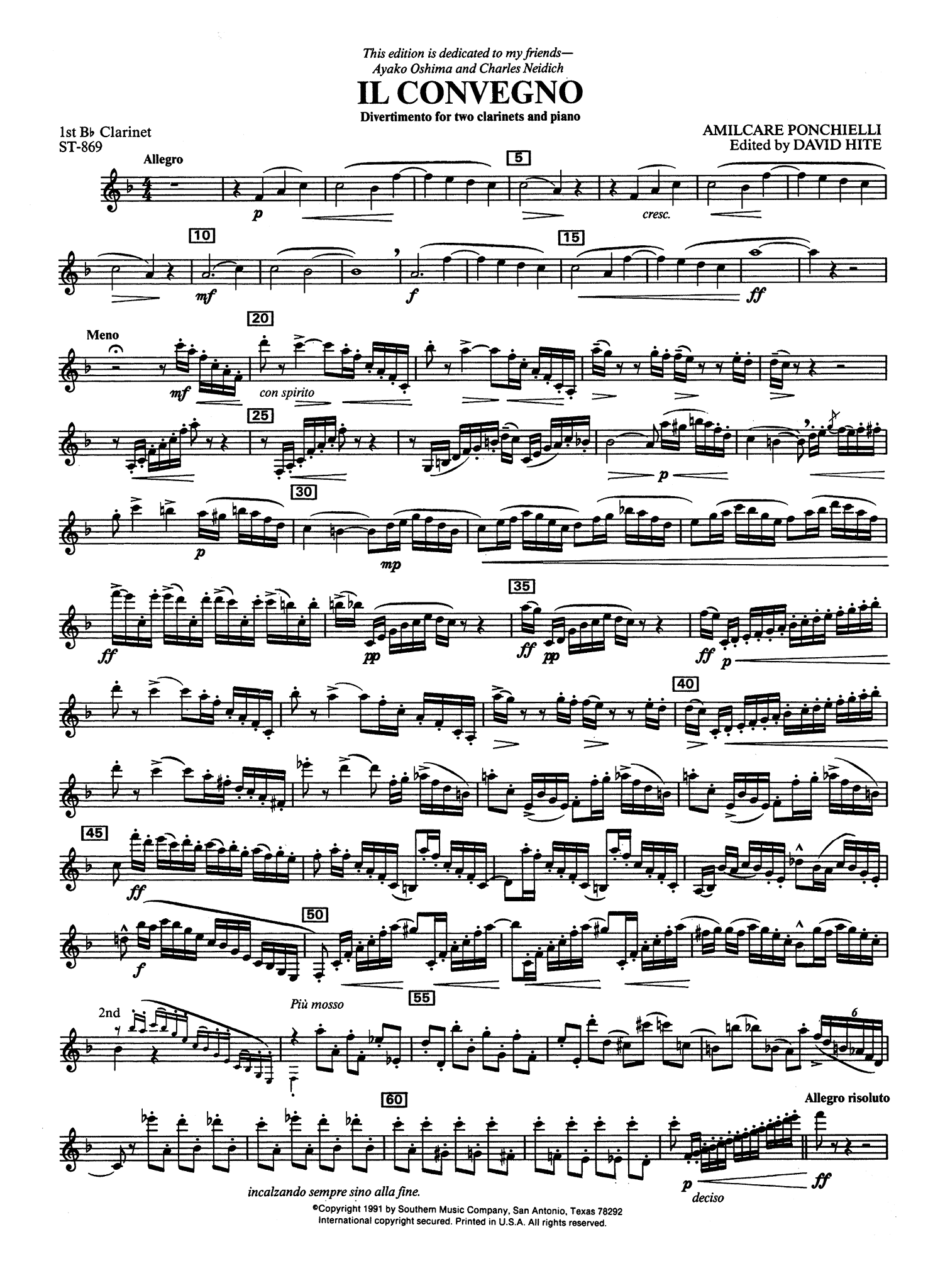 Ponchielli Il Convegno for 2 clarinets and piano ed. Hite first solo part