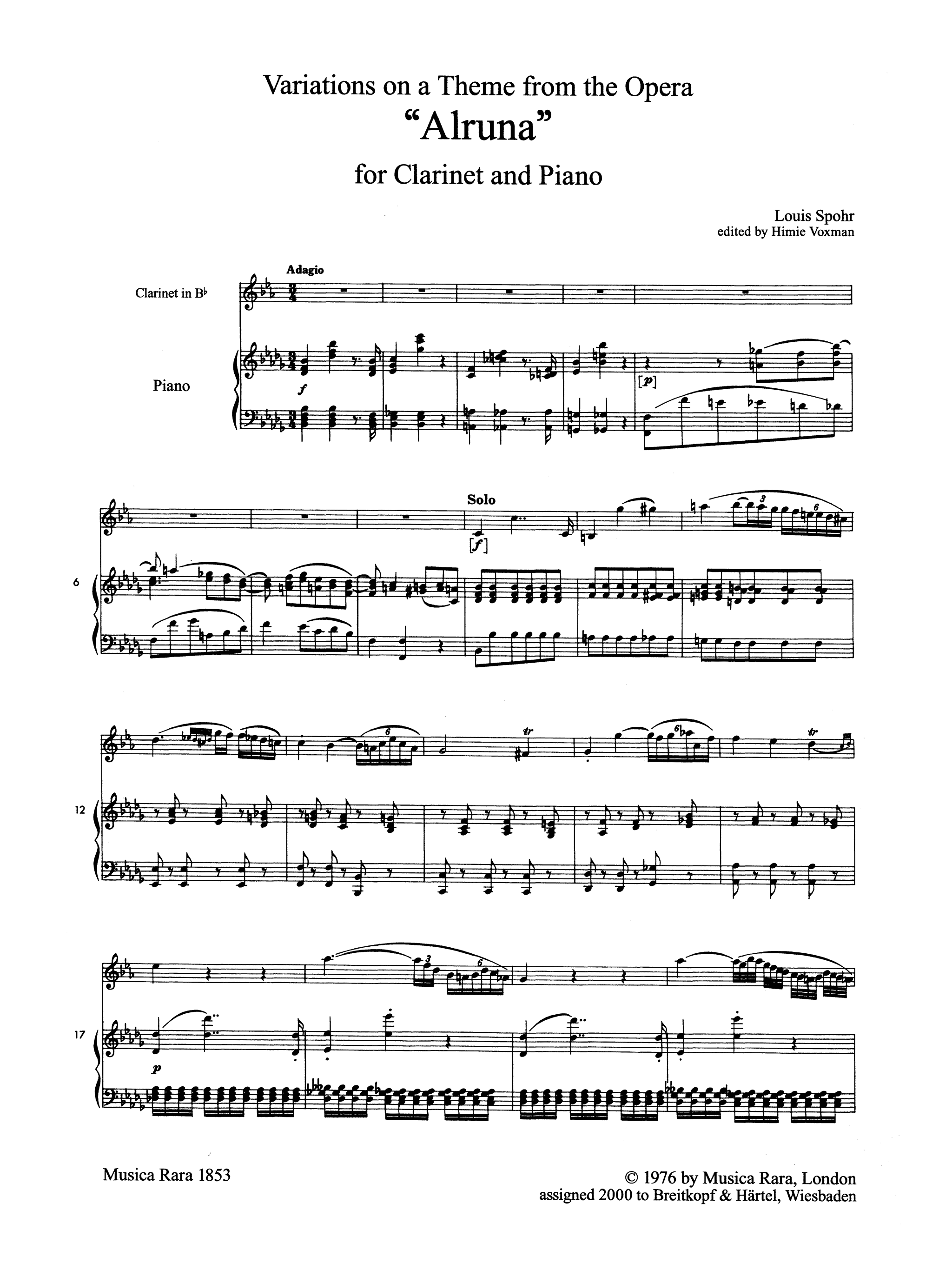 Spohr Variations on a Theme from 'Alruna,' WoO 15 Score