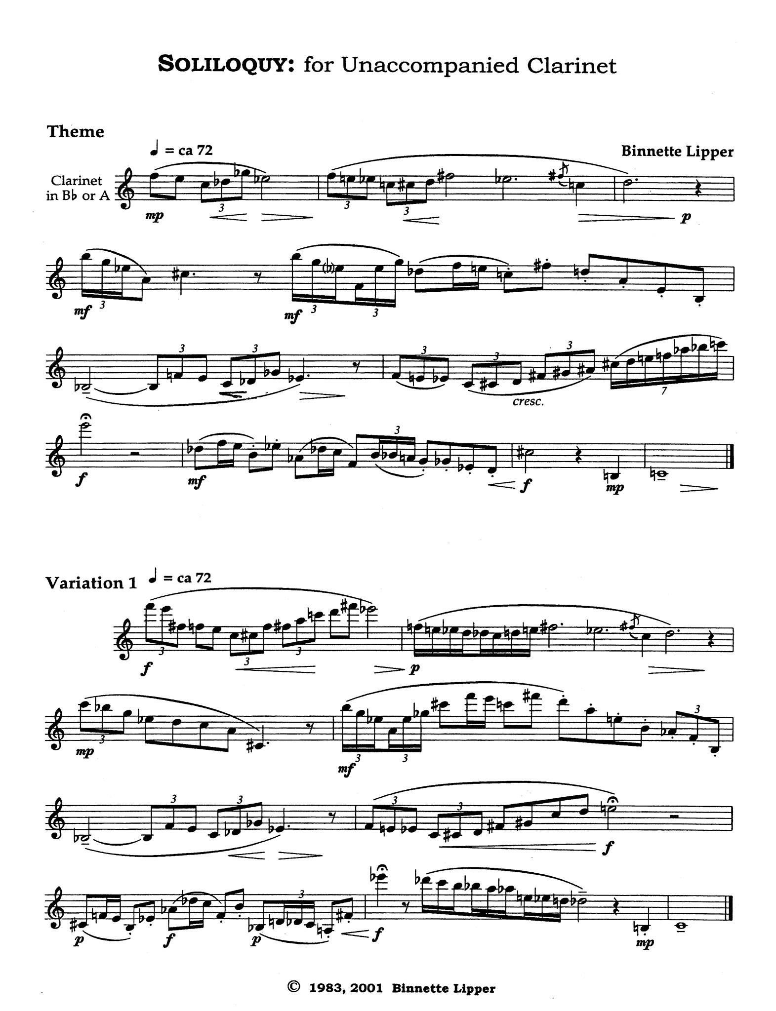 Binnette Lipper Soliloquy unaccompanied clarinet page 1