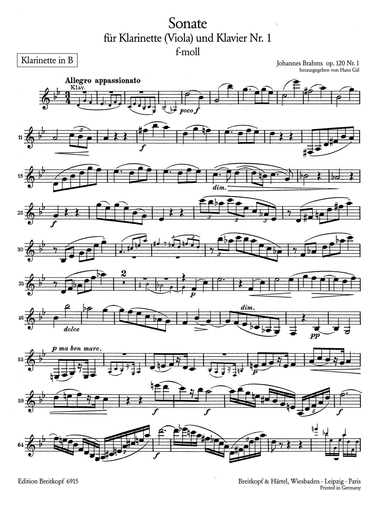 Sonata in F Minor, Op. 120 No. 1 Clarinet part