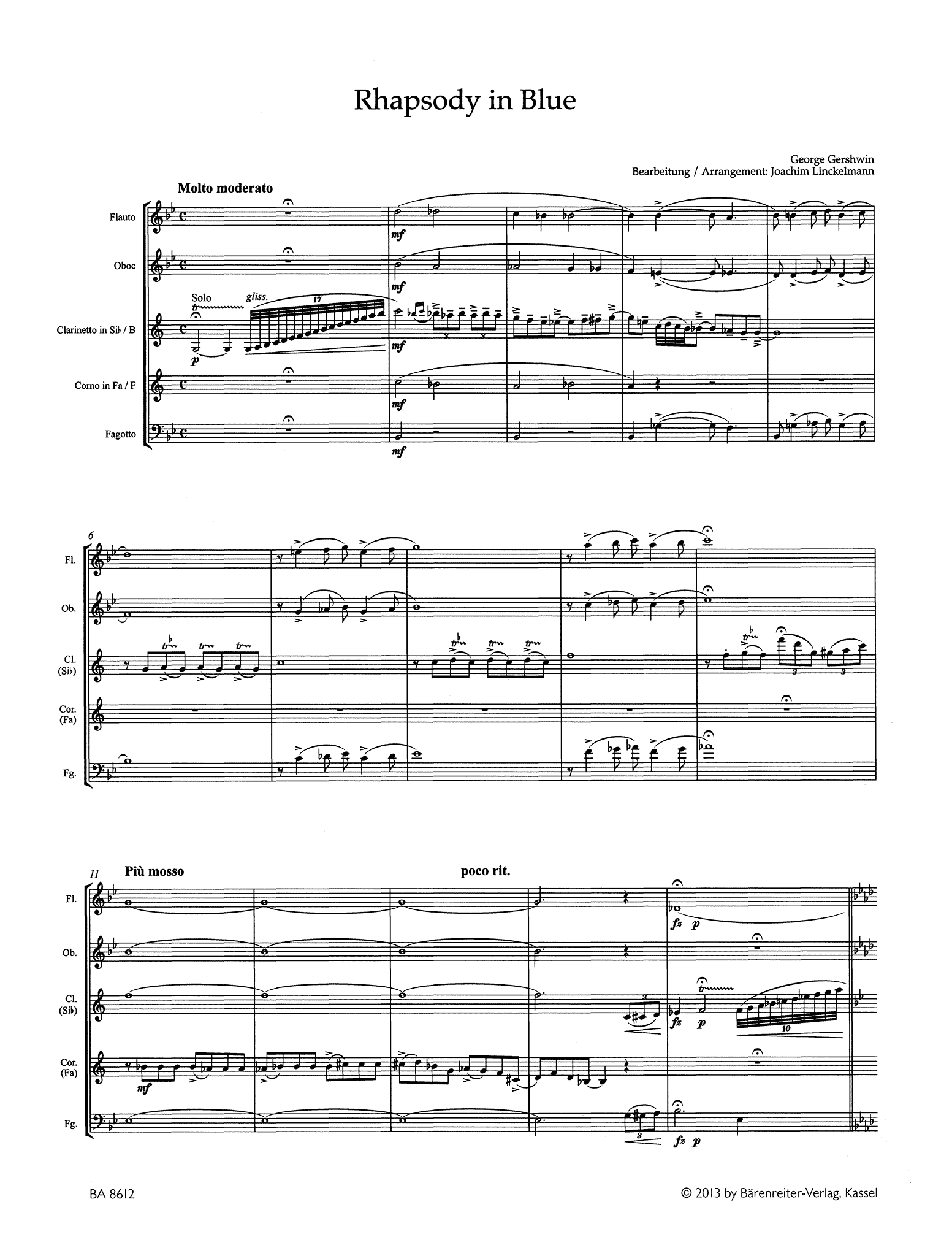 Gershwin Rhapsody in Blue woodwind quintet arrangement score