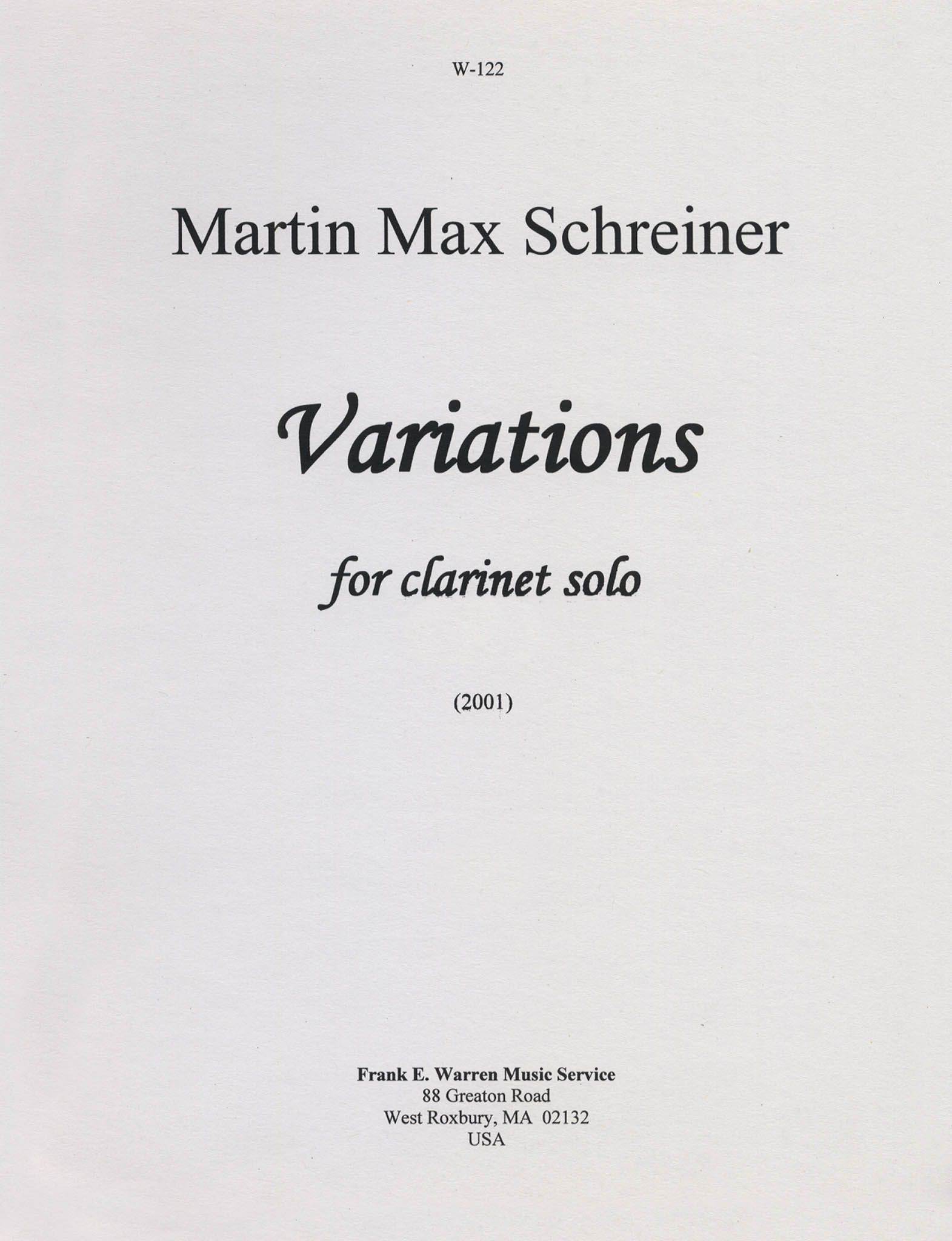 Martin Max Schreiner Variations for Unaccompanied Clarinet cover