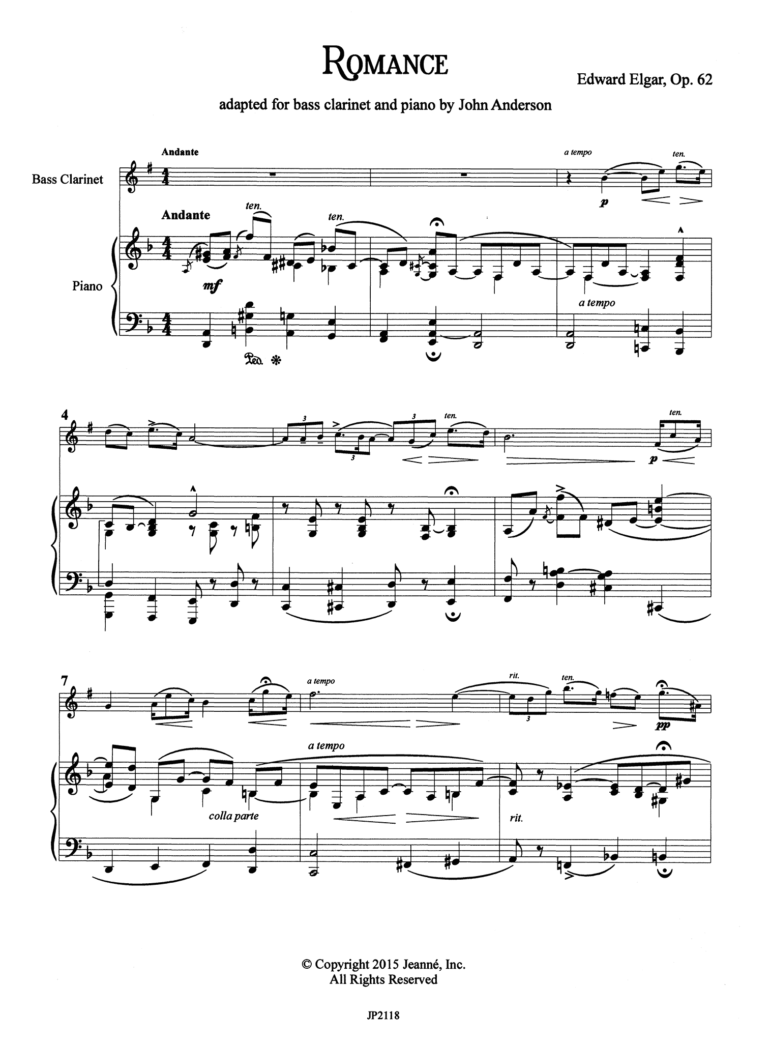 Elgar Romance, Op. 62 bass clarinet arrangement score