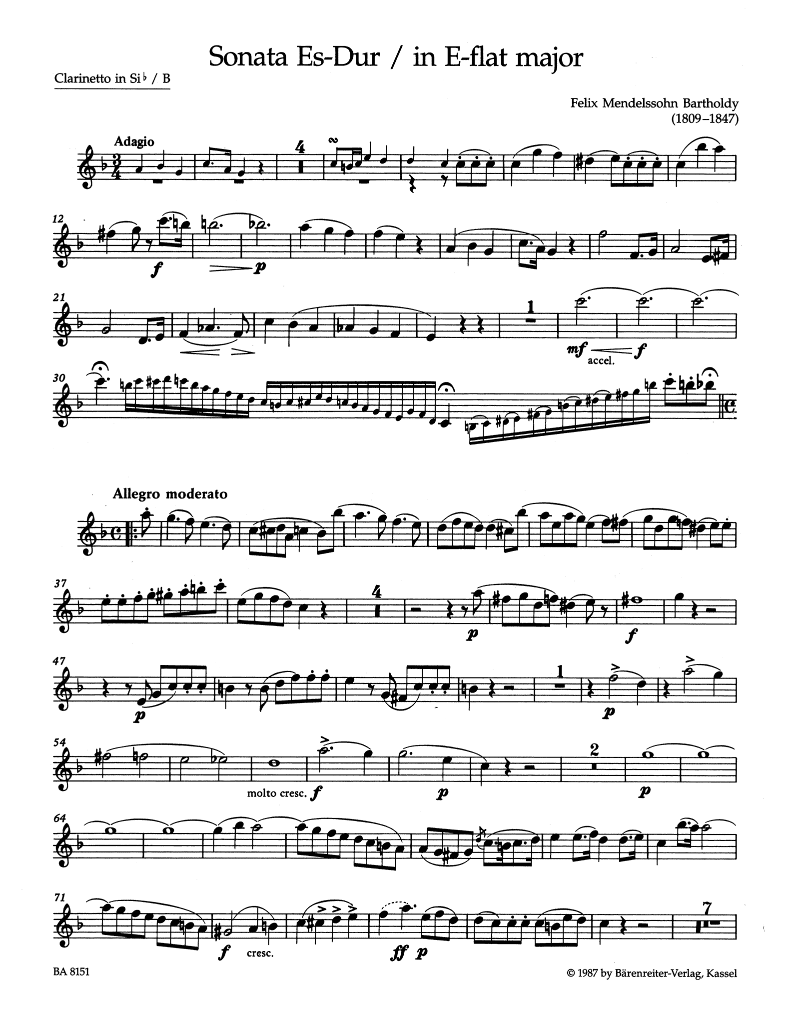 Sonata in E-flat Major for Clarinet & Piano Clarinet part