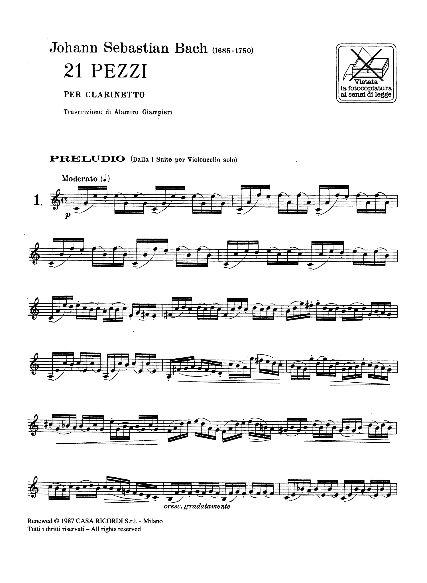Bach 21 Pezzi arranged by Giampieri for clarinet unaccompanied page 1
